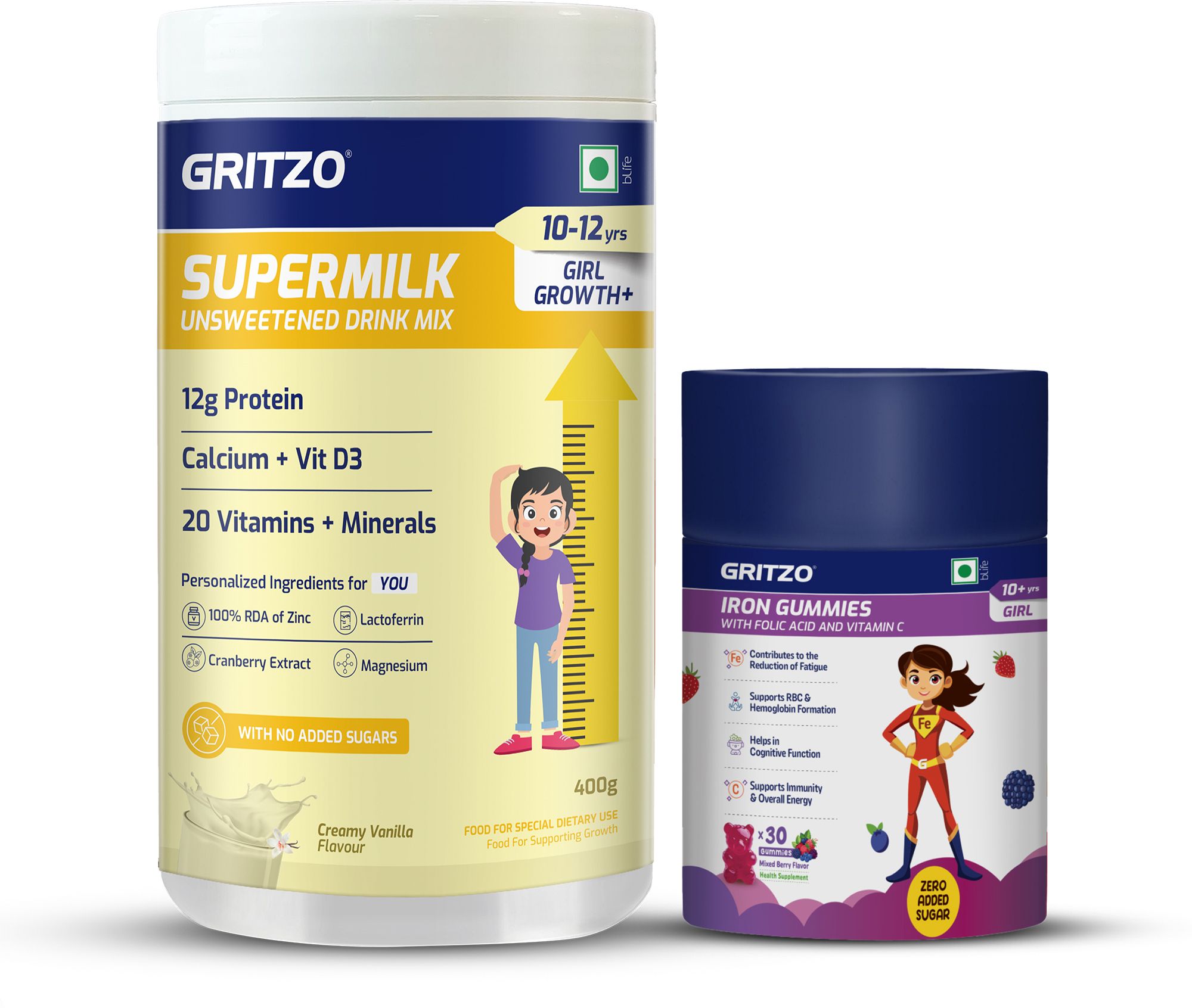 gritzo Supermilk Growth+ Unsweetened (10-12y Girls) (Creamy Vanilla) with Iron Gummies-picture-5