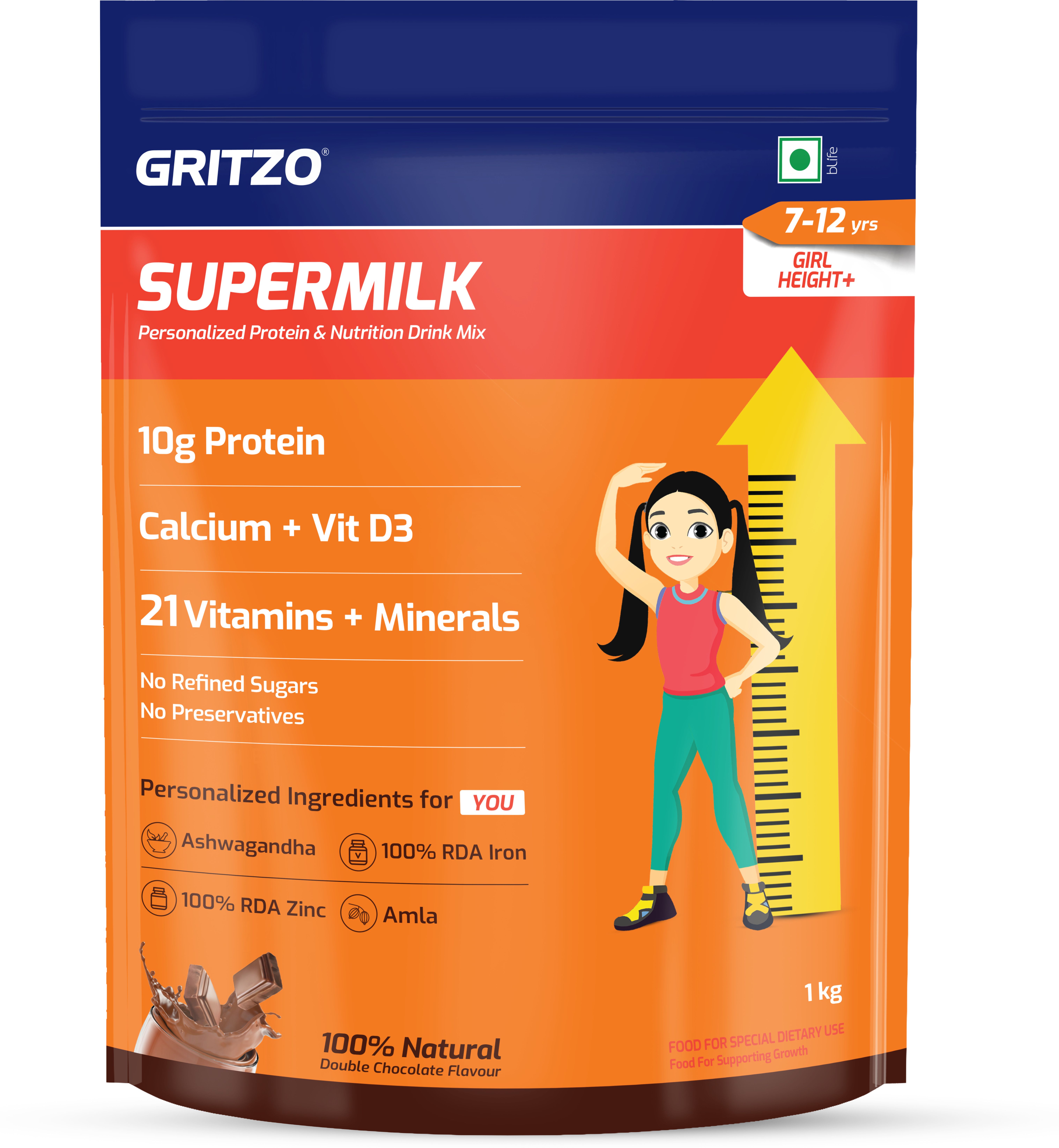 gritzo SuperMilk Height+ (7-12y Girls), 10g Protein, Double Chocolate, Pouch-picture-16