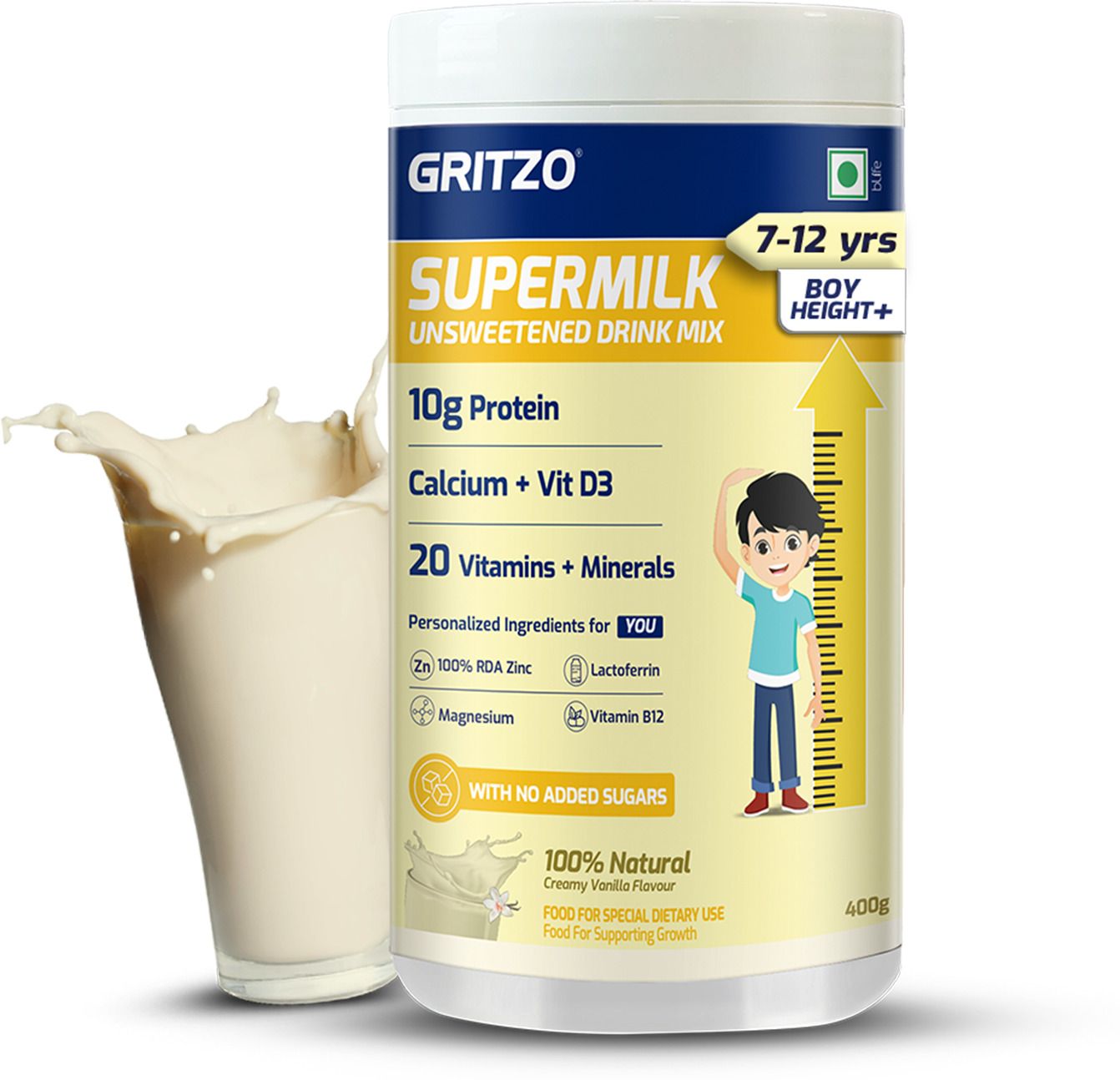 Supermilk Height+ Unsweetened Drink Mix For 7-12 Yrs Boys (Creamy Vanilla)-image-25