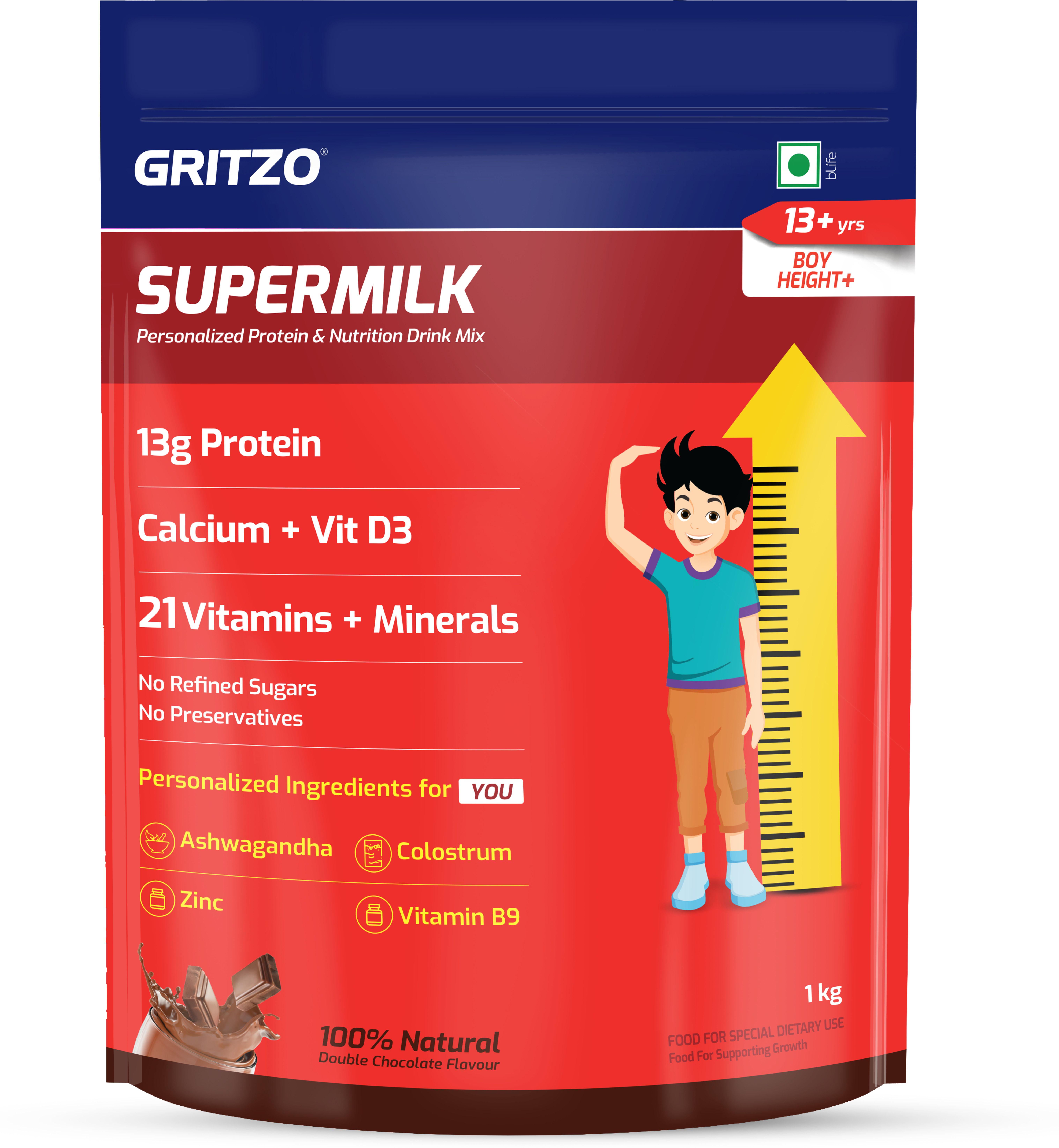 gritzo SuperMilk Height+ (13+y Boys), 13g Protein, Double Chocolate, Pouch-picture-45