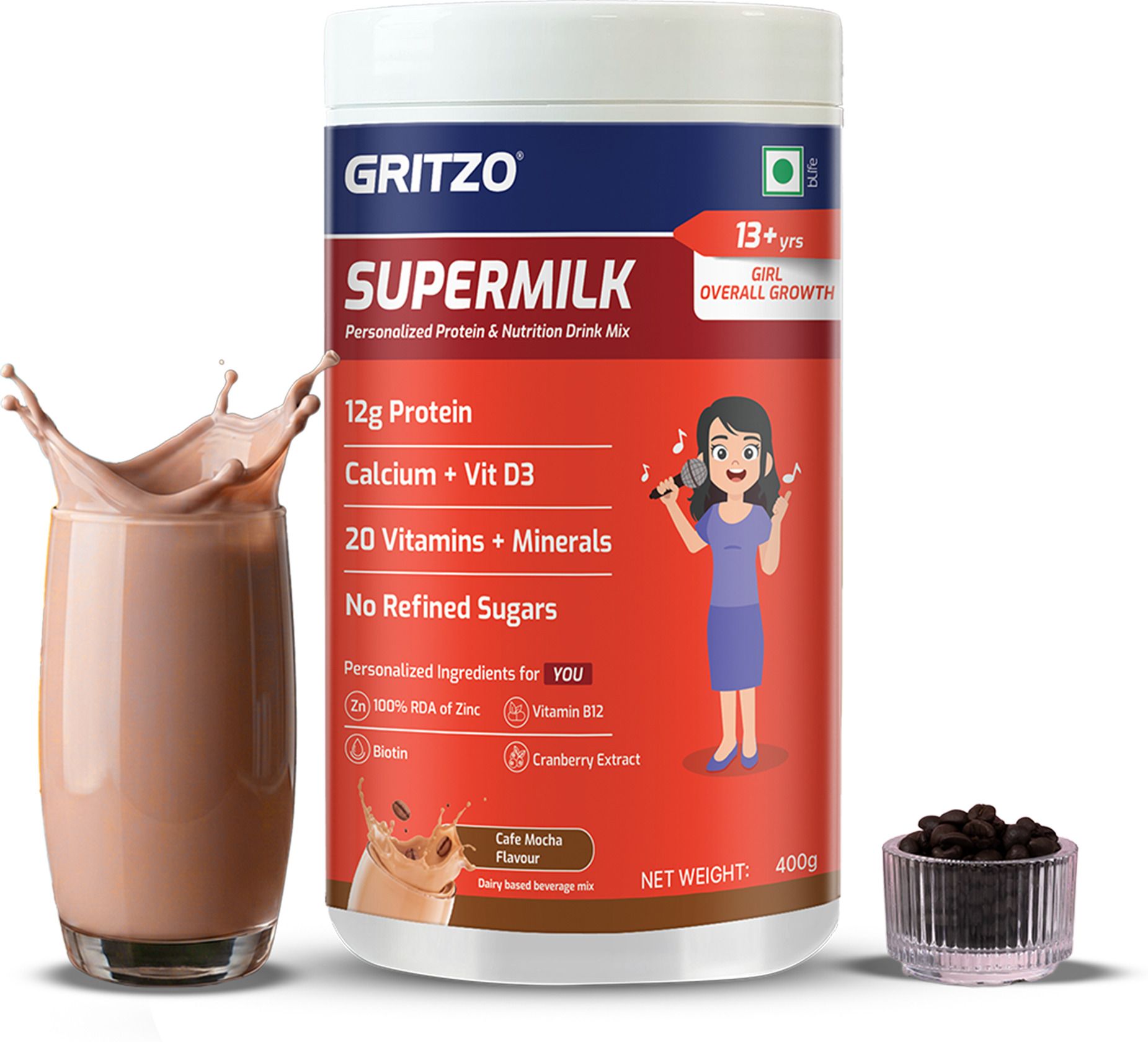 gritzo SuperMilk Overall Growth (13+y Girls), 12g Protein Powder (Cafe Mocha)-picture-32