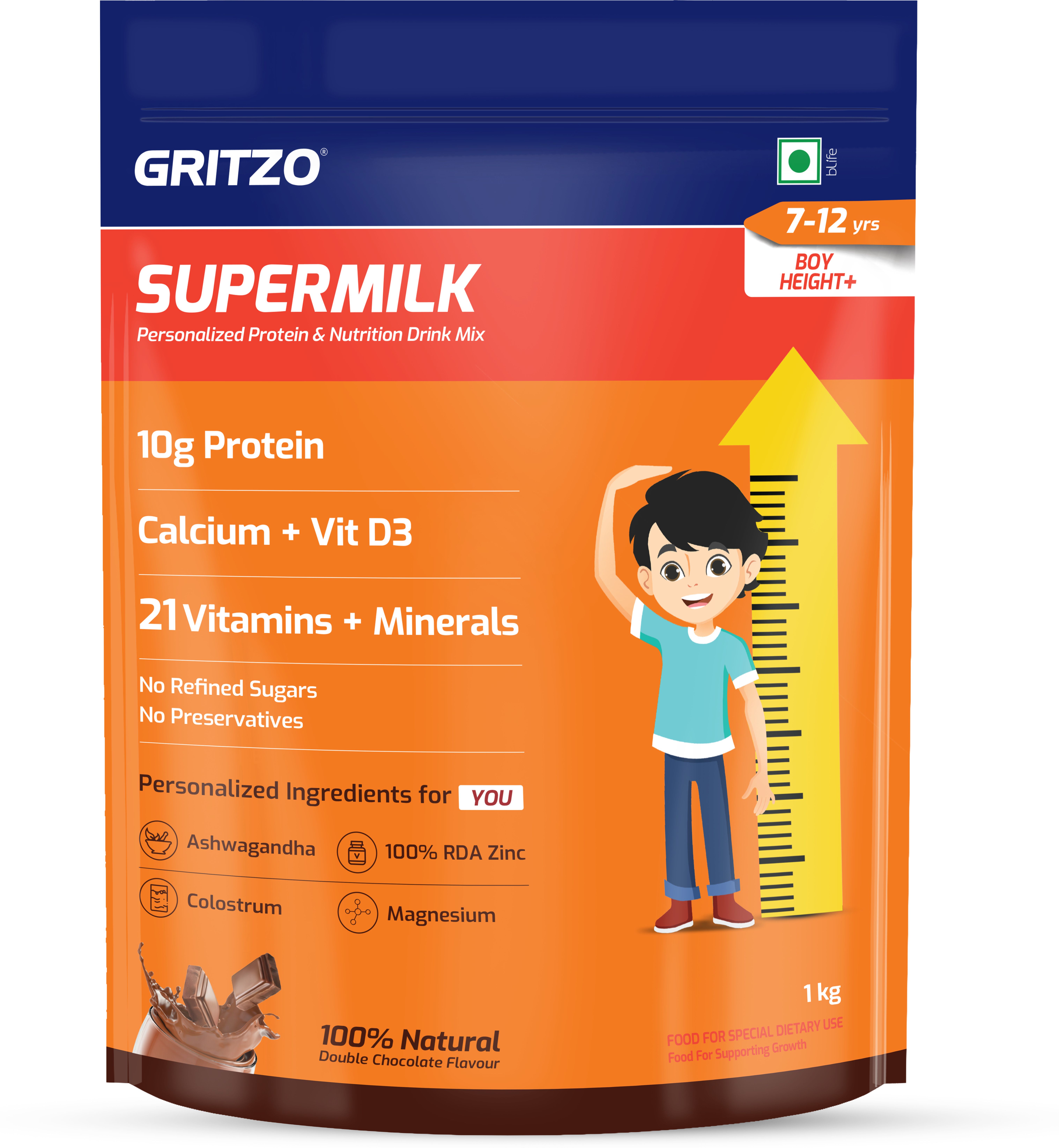 SuperMilk Height+ (7-12y Boys), 10g Protein, Double Chocolate, Pouch