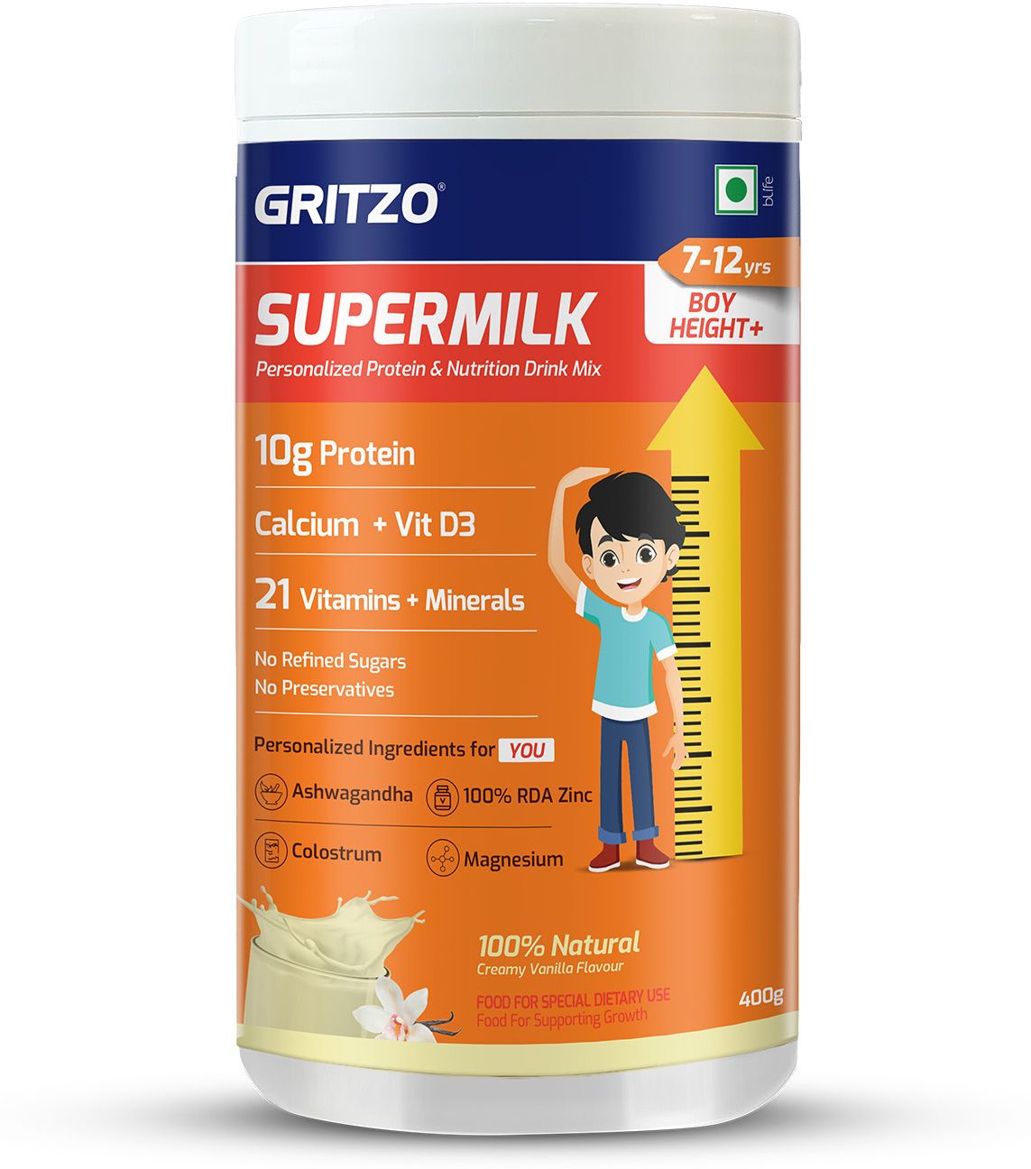 gritzo SuperMilk Height+ (7-12y Boys), 10g Protein (Creamy Vanilla)-picture-48