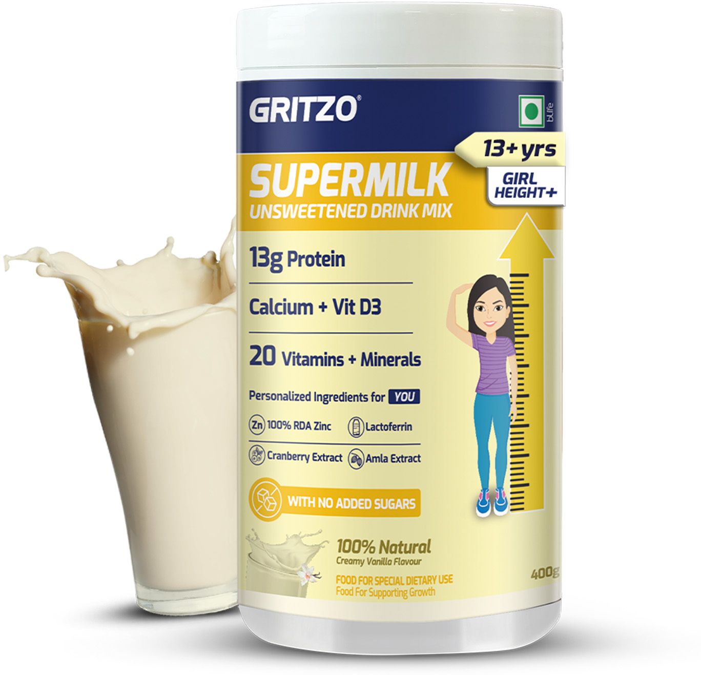 gritzo Supermilk Height+ Unsweetened Drink Mix For 13+ Yrs Girl (Creamy Vanilla)-picture-42