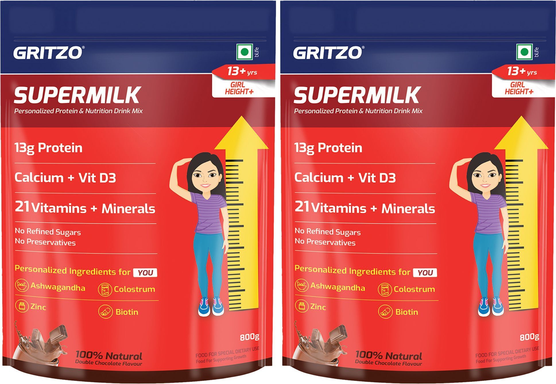 gritzo SuperMilk Height+ ( 13+y Girls), 13g Protein (Double Chocolate)-picture-11