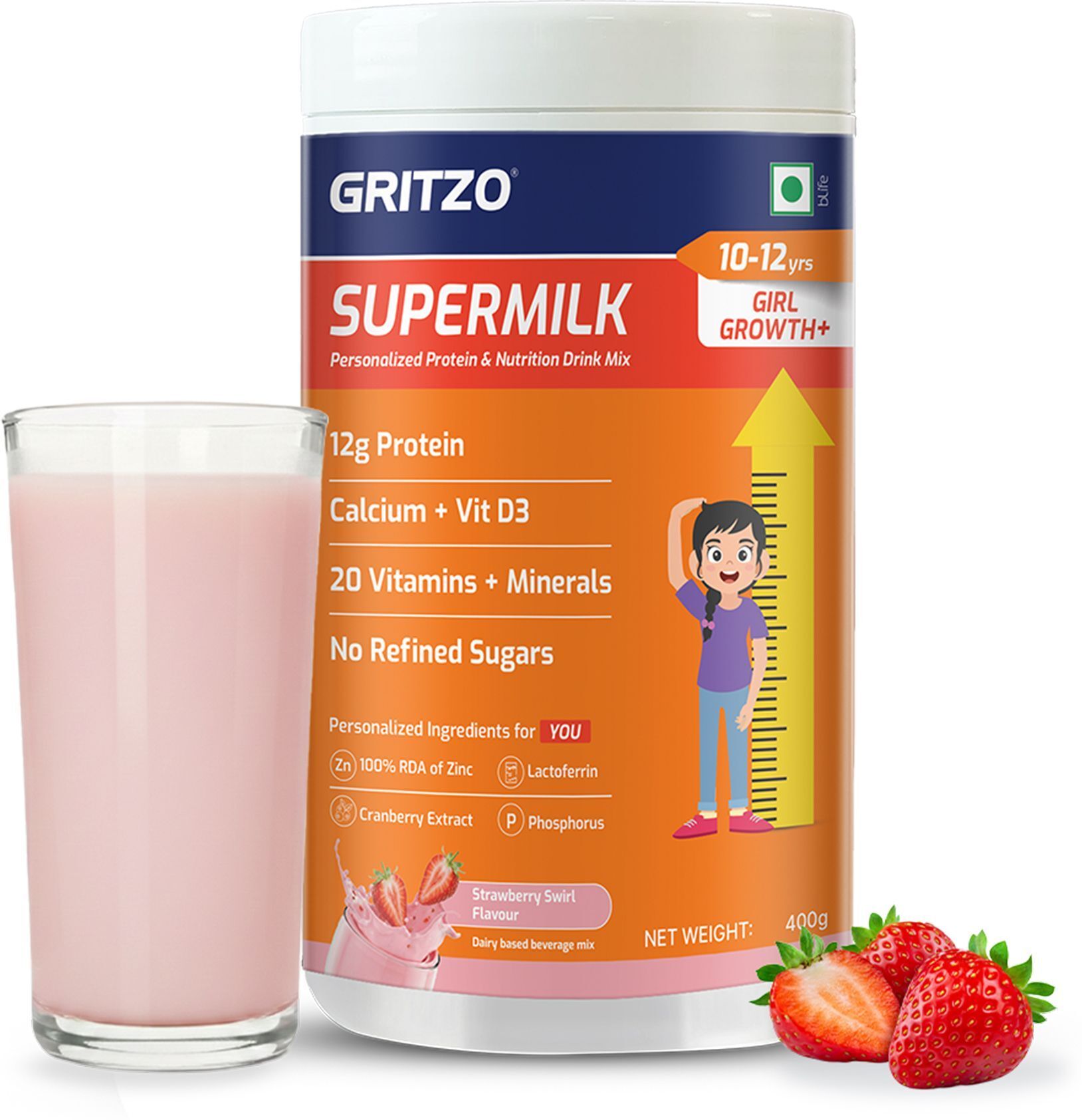 gritzo SuperMilk Growth+ (10-12y Girls), 12g Protein Powder, Strawberry Swirl-picture-25