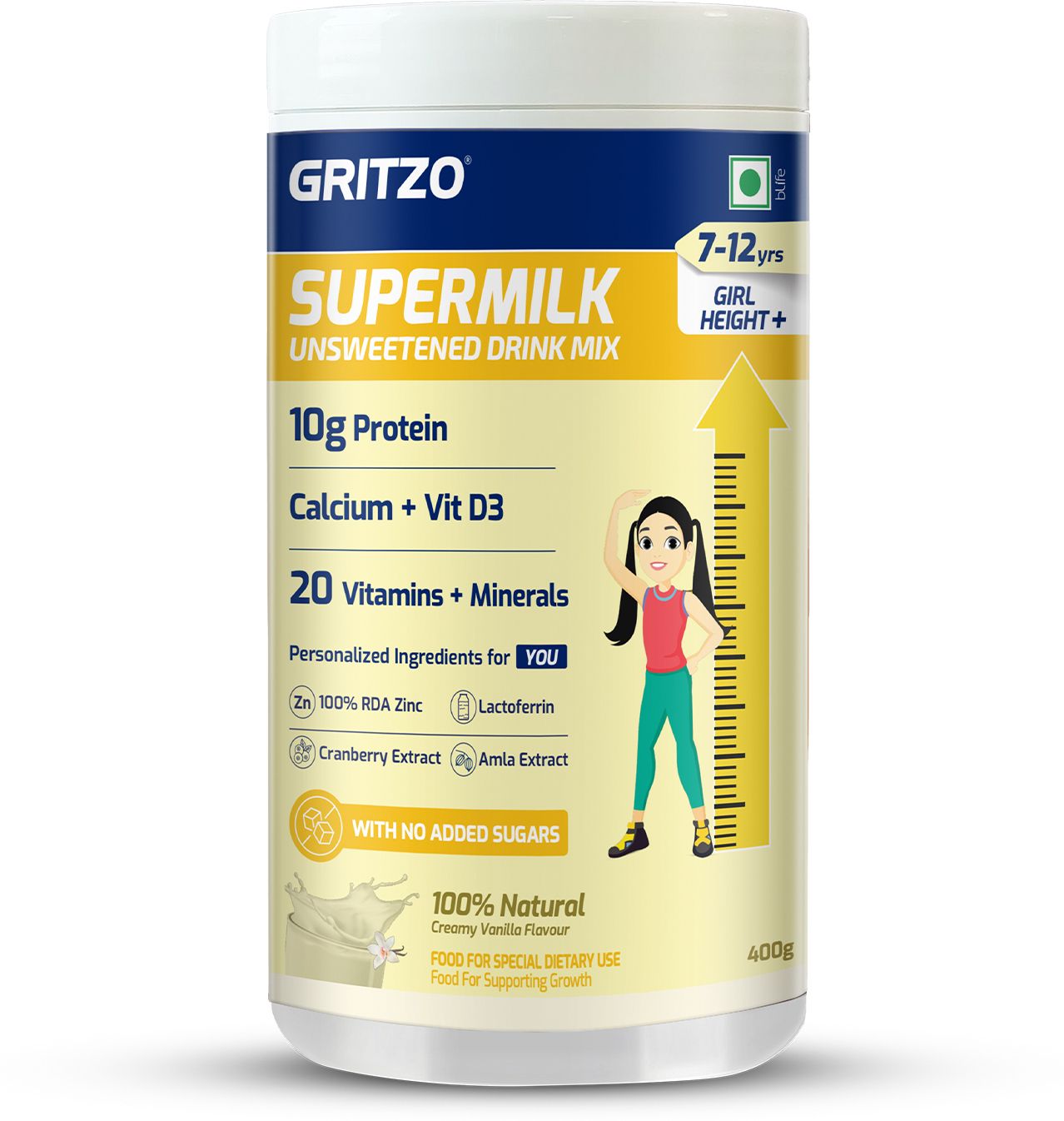 gritzo Supermilk Height+ Unsweetened Drink Mix For 7-12 Yrs Girls (Creamy Vanilla)-picture-20