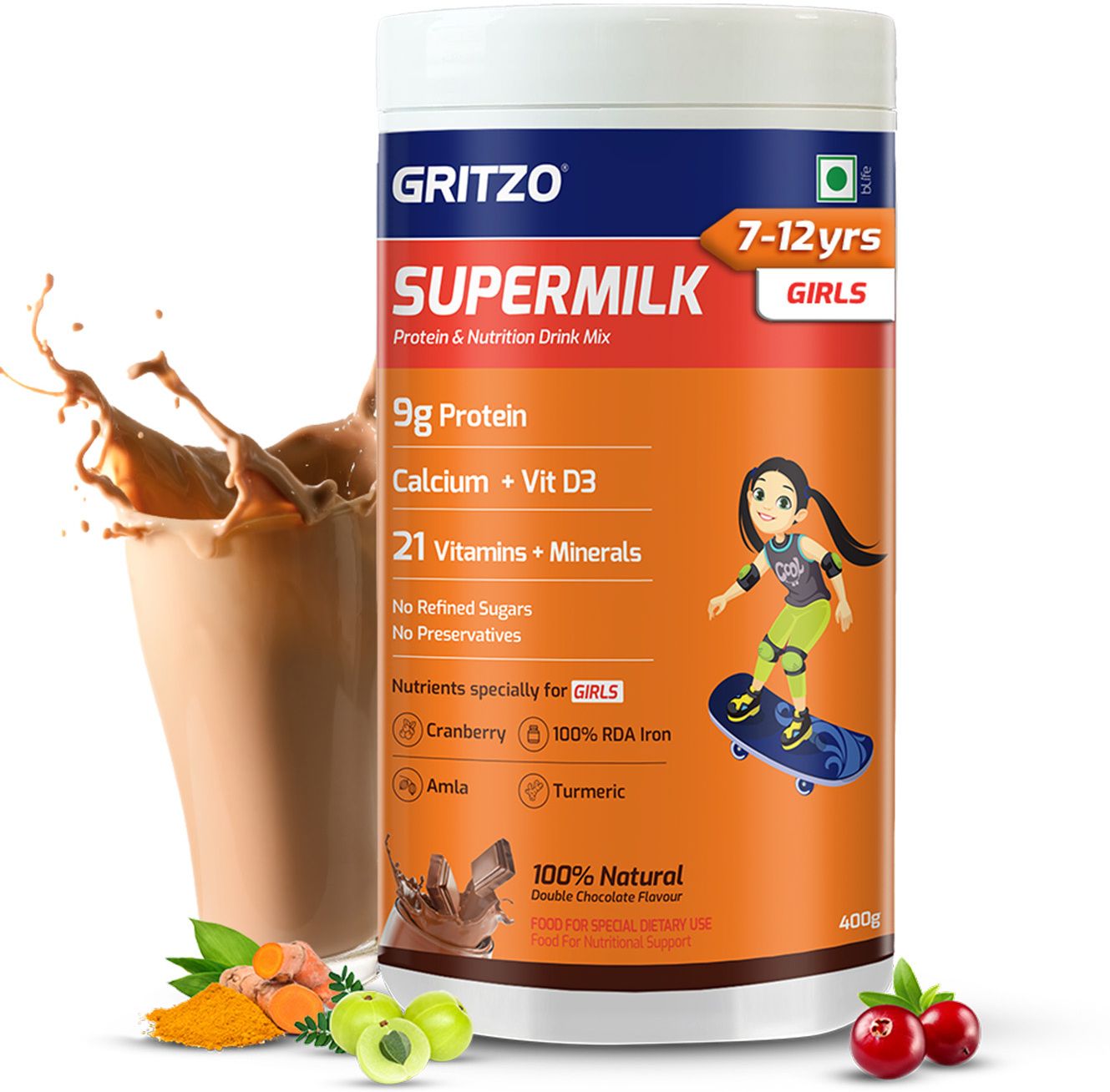 SuperMilk Overall Growth (7-12y Girls), 9g Protein (Double Chocolate)