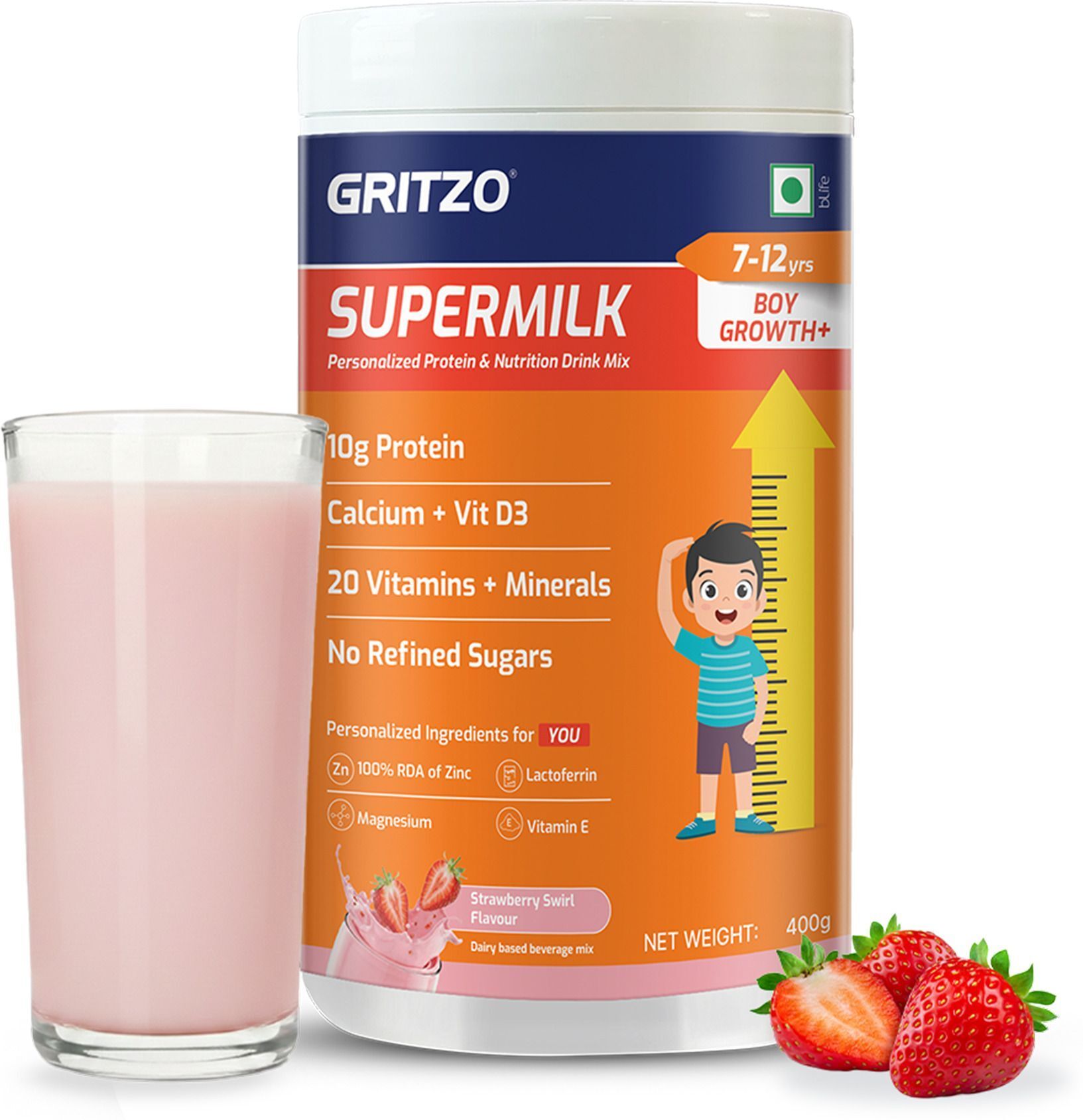 gritzo SuperMilk Growth+ (Formerly Height+) (7-12y Boys), 10g Protein, Strawberry Swirl-picture-23