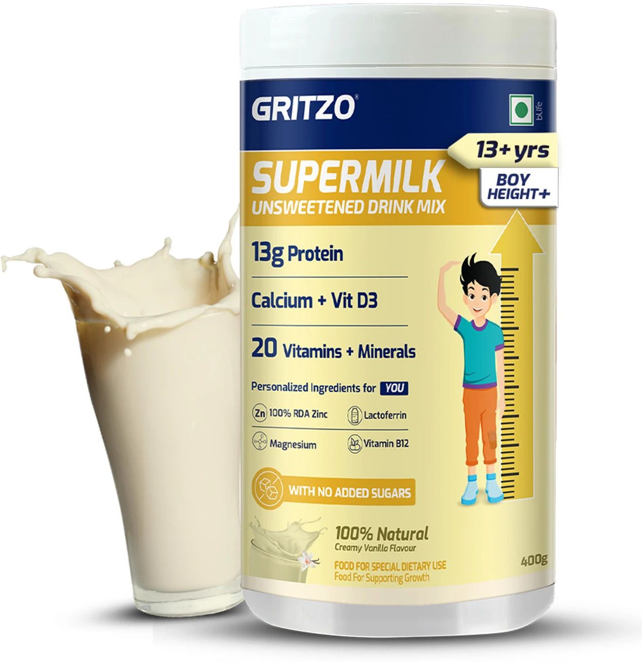 gritzo Supermilk Height+ Unsweetened Drink Mix For 13+Yrs Boys (Creamy Vanilla)-picture-14