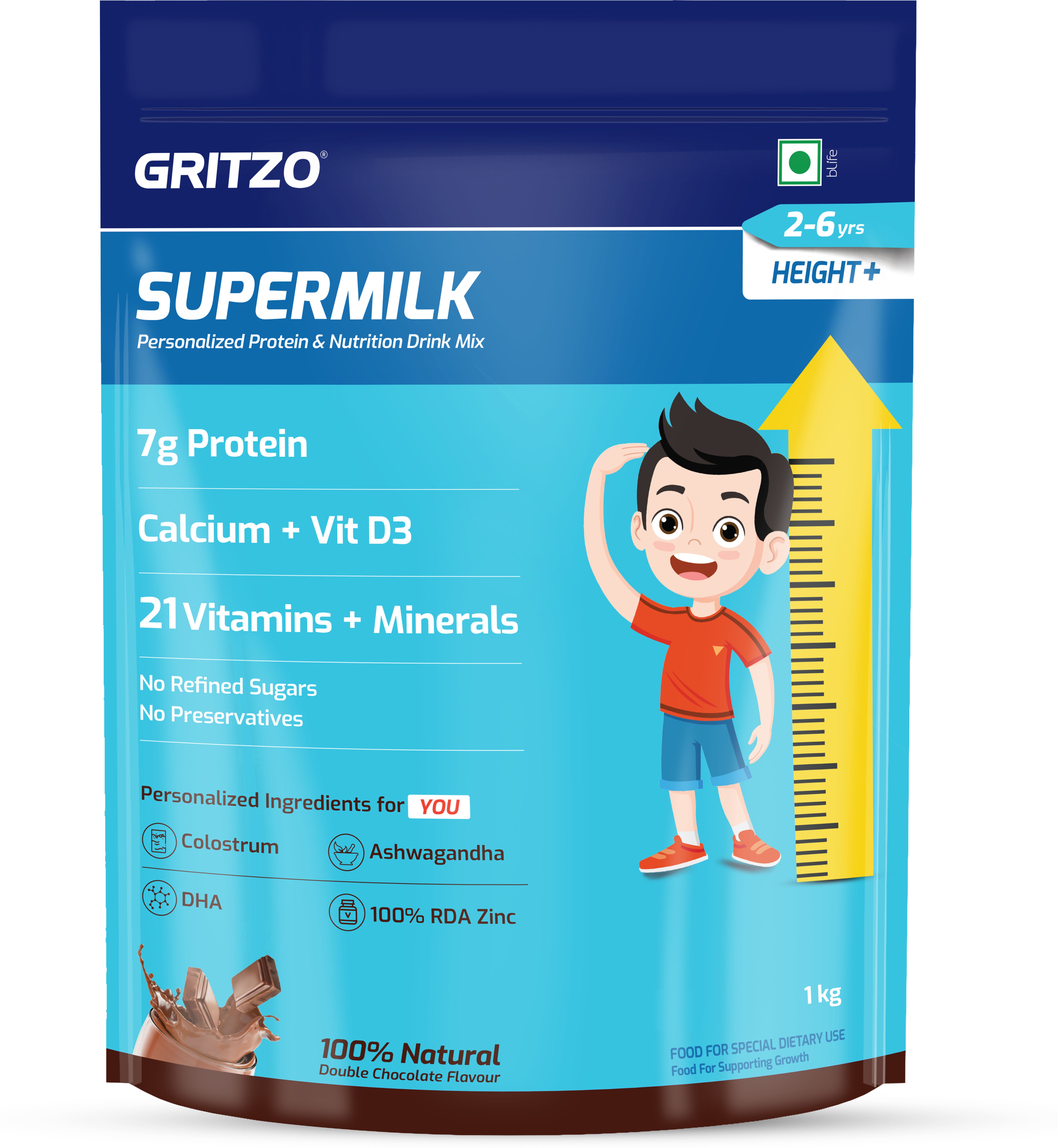 SuperMilk Height+ (2-6y), 7g Protein, Double Chocolate, Pouch-image-0