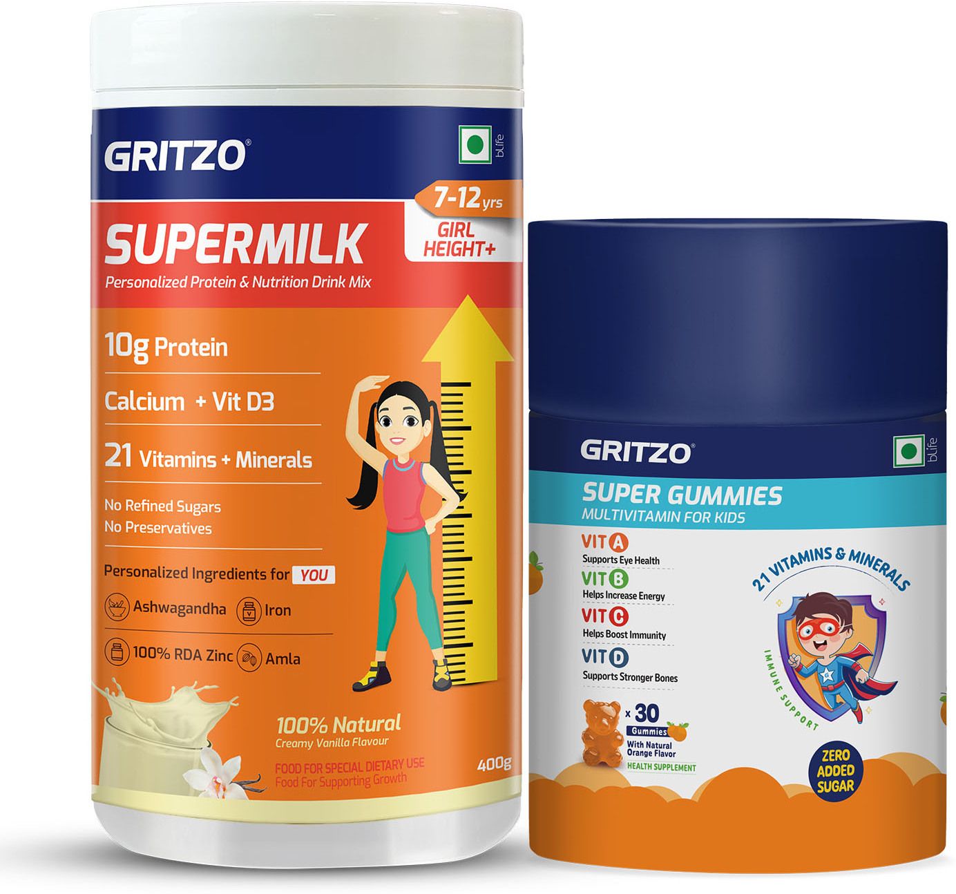 gritzo SuperMilk Height+ (7-12y Girls), 10g Protein (Creamy Vanilla) with Super Gummies-picture-21