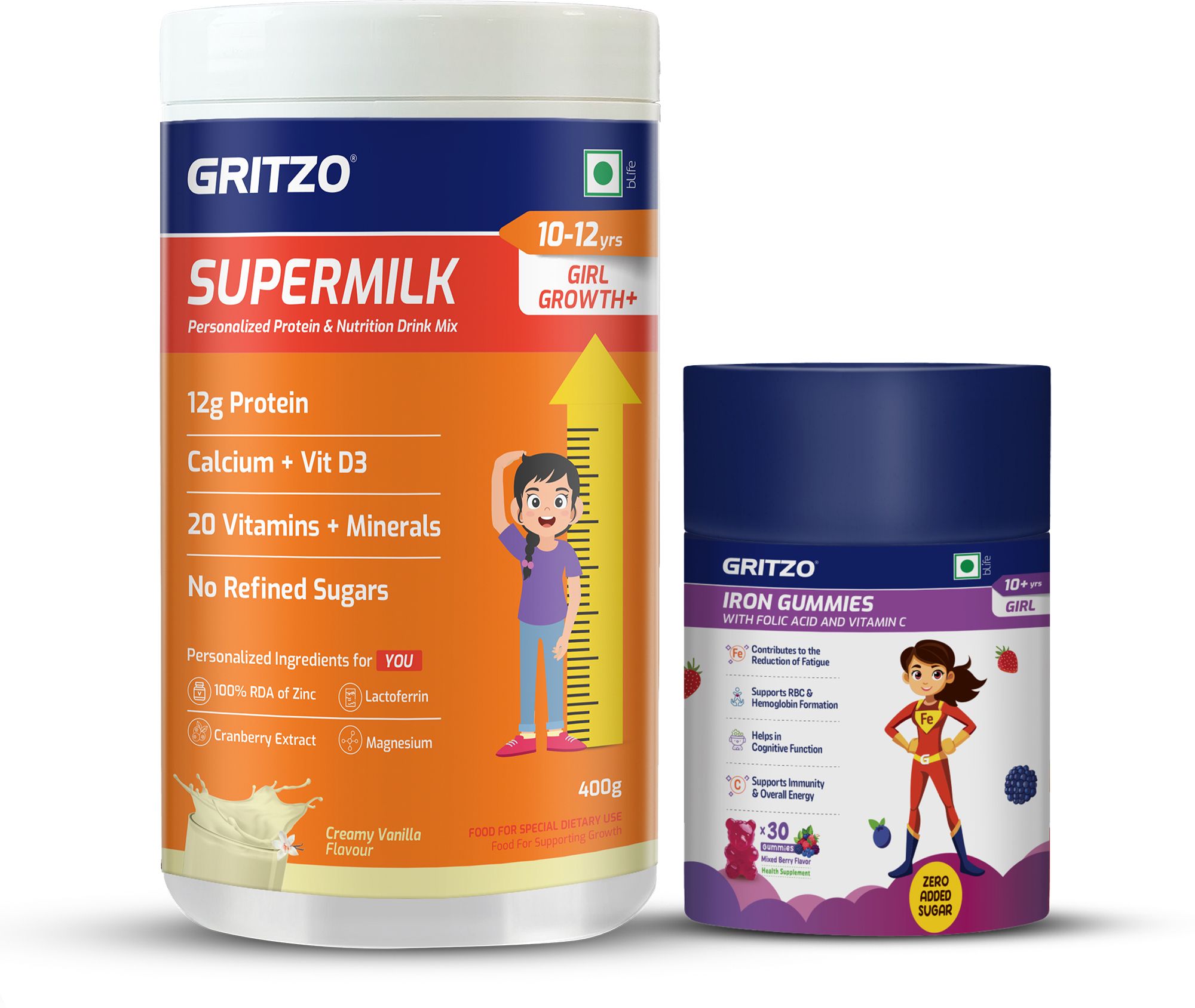 gritzo SuperMilk Growth+ (10-12y Girl), 12g Protein (Creamy Vanilla) & Iron Gummies-picture-8