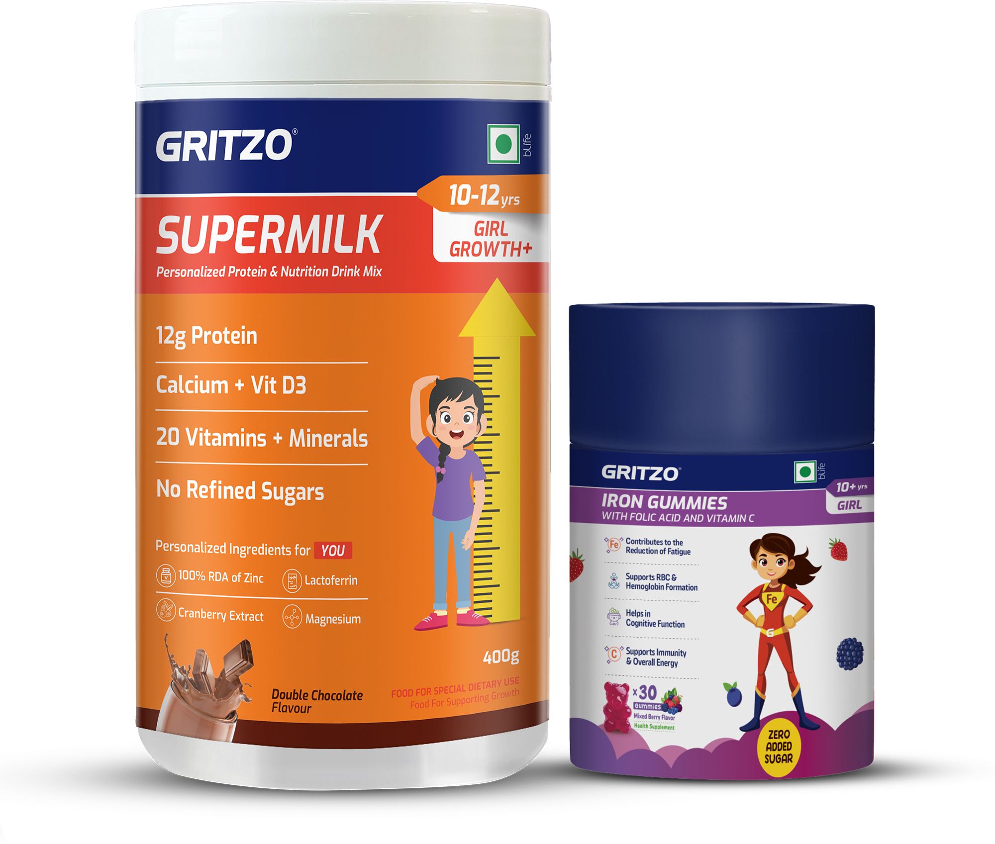 gritzo SuperMilk Growth+ (10-12y Girl), 12g Protein (Double Chocolate) & Iron Gummies-picture-6