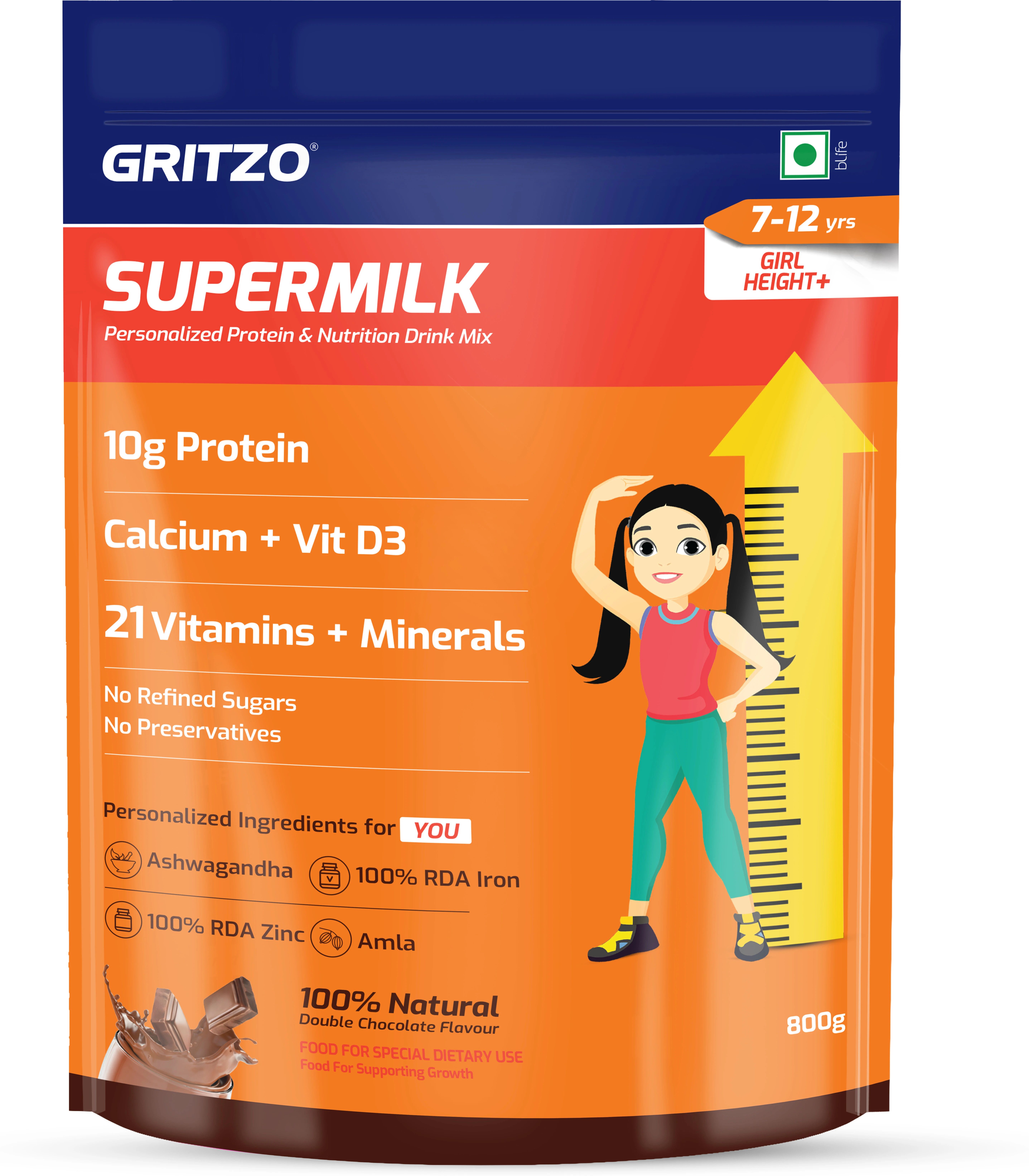 gritzo SuperMilk Height+ (7-12y Girls), 10g Protein (Double Chocolate)-picture-20