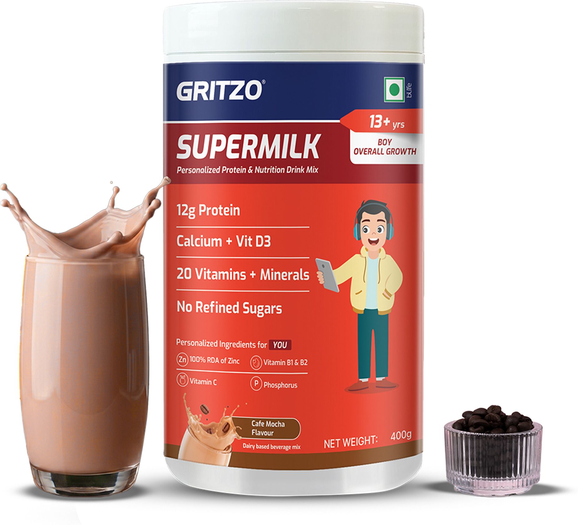 gritzo SuperMilk Overall Growth (13+y Boys), 12g Protein Powder (Cafe Mocha)-picture-33