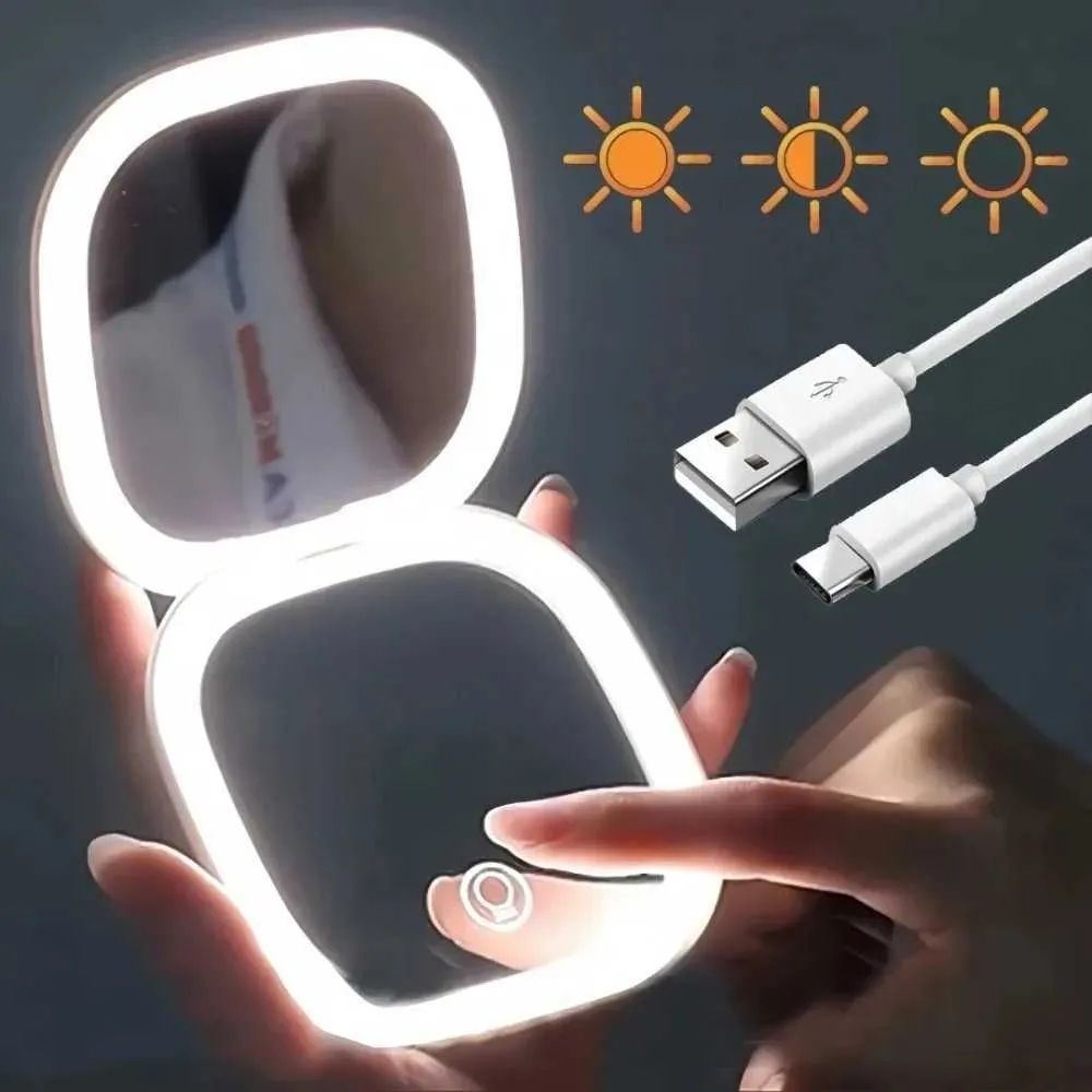 LED Lighted Makeup Mirror with 3 Color Modes, Rechargeable Folding Pocket Mirror Lighted Mirror-image-14