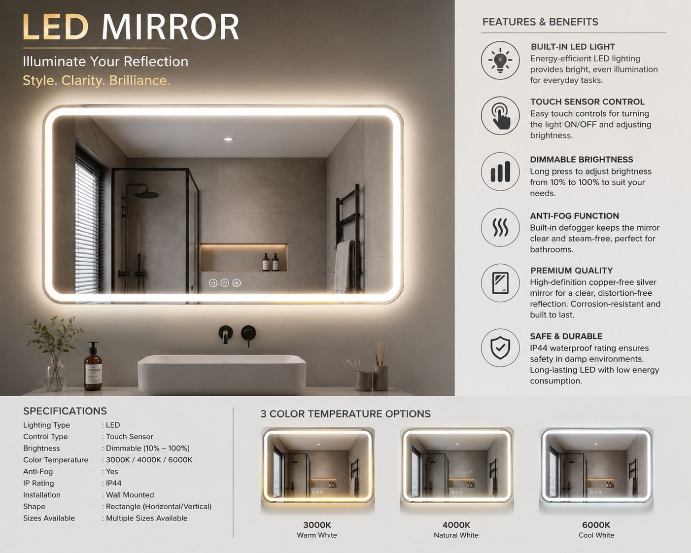 kgh Stylish LED Mirror 64 Bathroom Mirror-picture-41