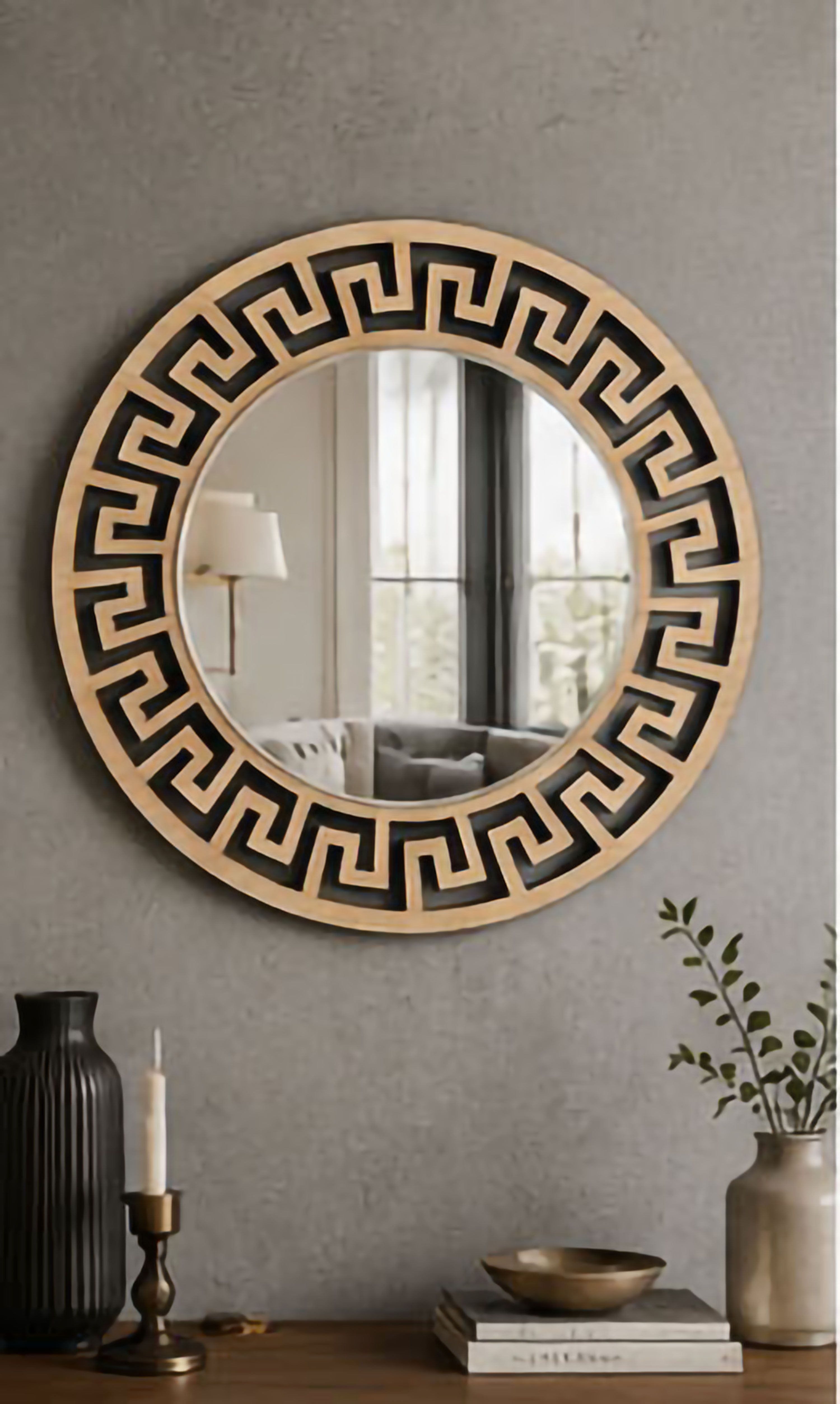 Decorative Greek Pattern Wall Mirror Premium Wooden Frame Home Accent - 16Inch Bathroom Mirror-image-28