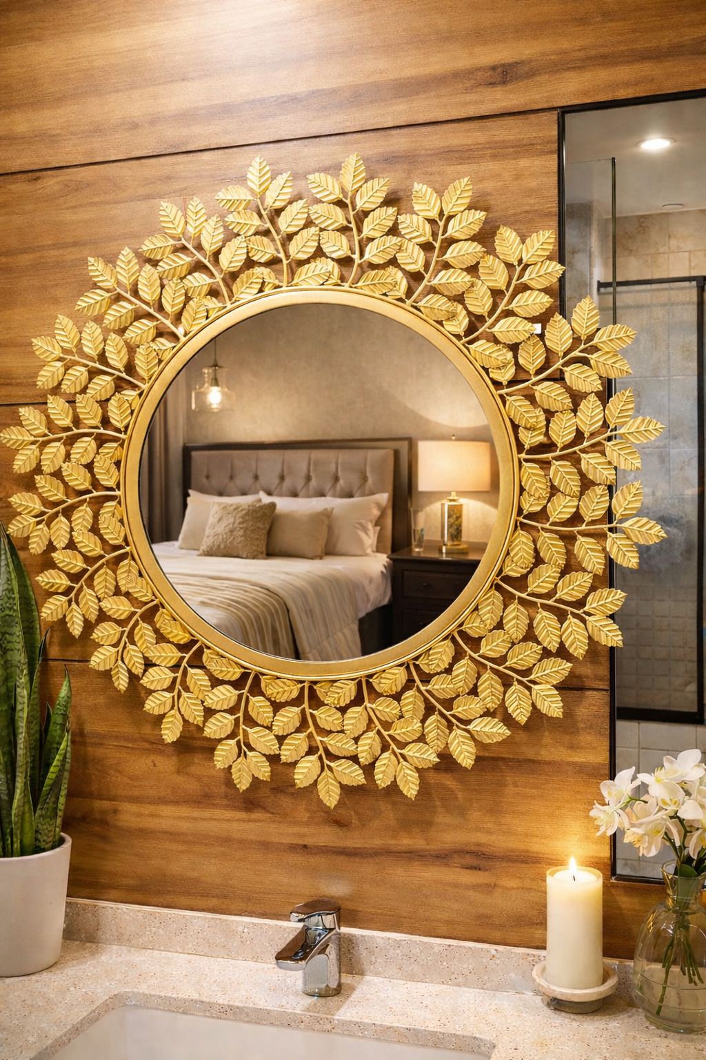 Designer Golden Leaf Wall Mirror Round Decorative Metal Mirror for Home decor Decorative Mirror