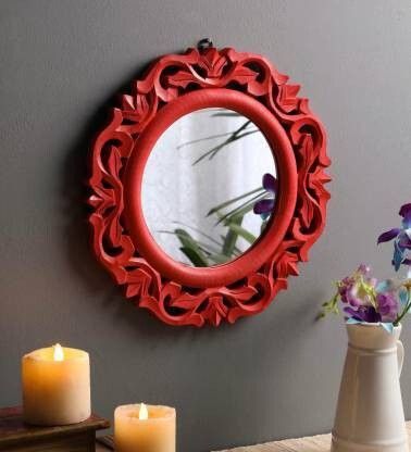 crafthub Wood Hand Crafted Round Shape Vanity Wall Mirror Glass for Living Room, 35X 35 X 1.5 cm RED Bathroom Mirror-picture-20