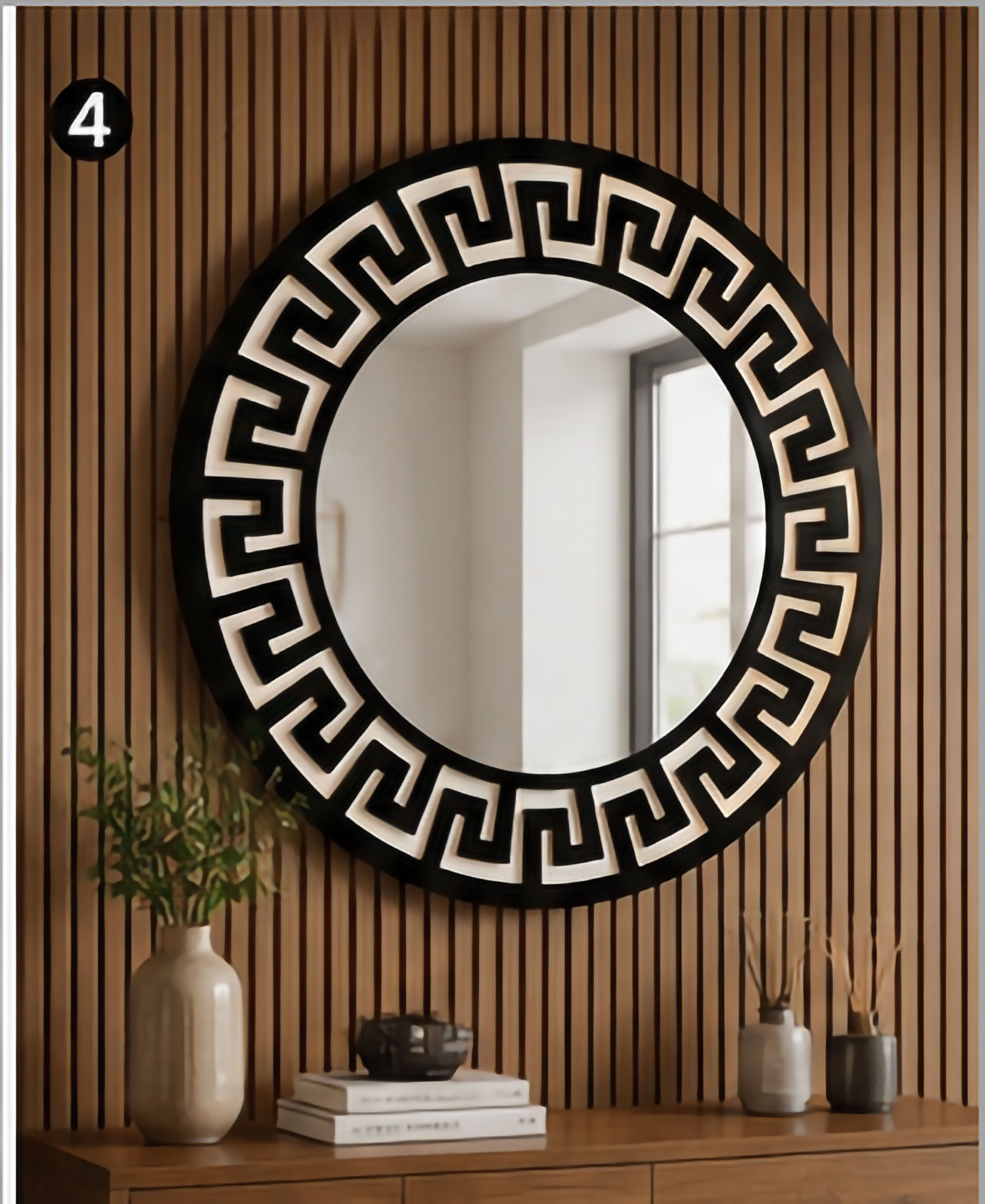 Modern Greek Key Wall Mirror Wooden Frame Decorative Vanity Mirror - 16Inch Bathroom Mirror-image-11