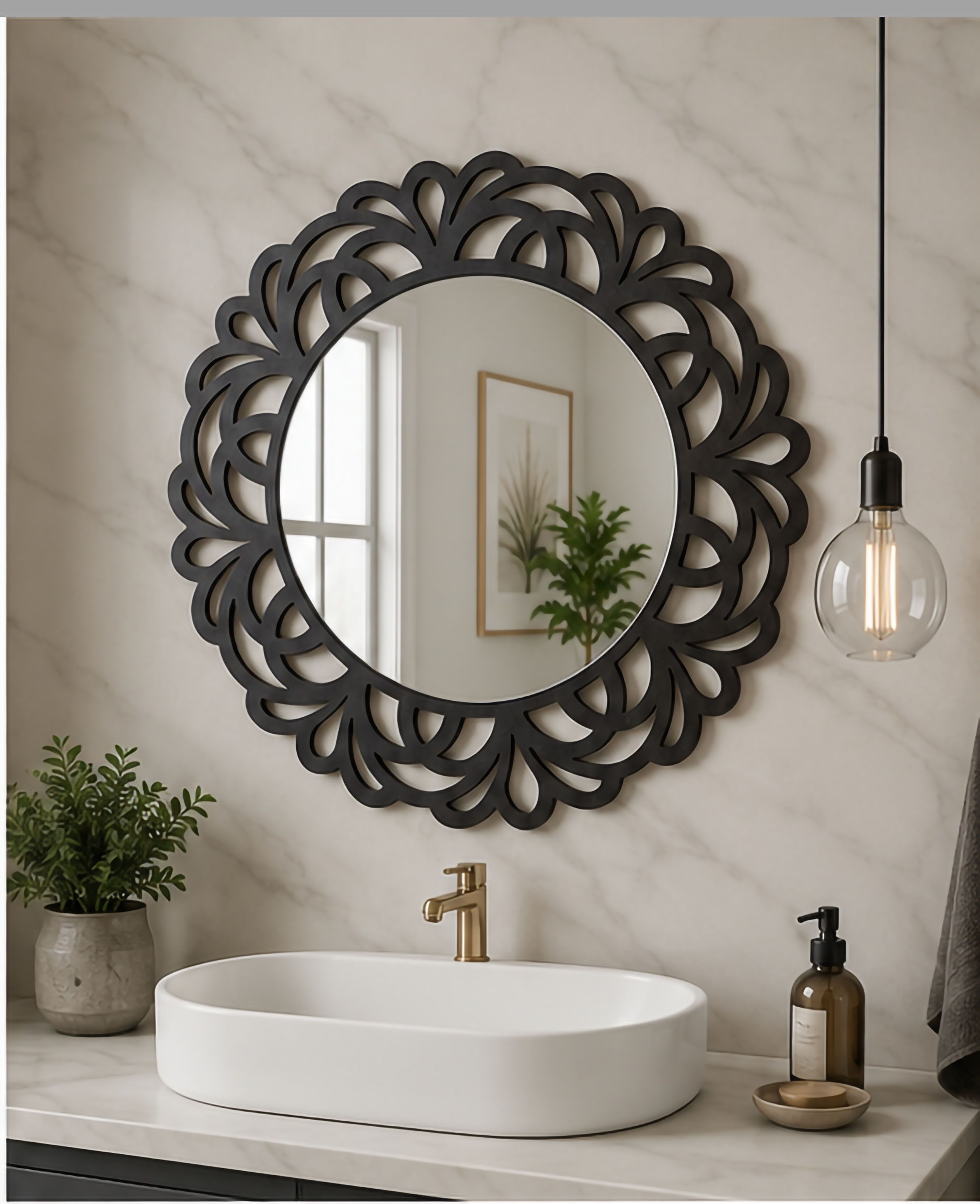 Mirror for Home Décor Floral Pattern Wall Mirror Bedroom & Entryway - 16In Bathroom Mirror-image-1