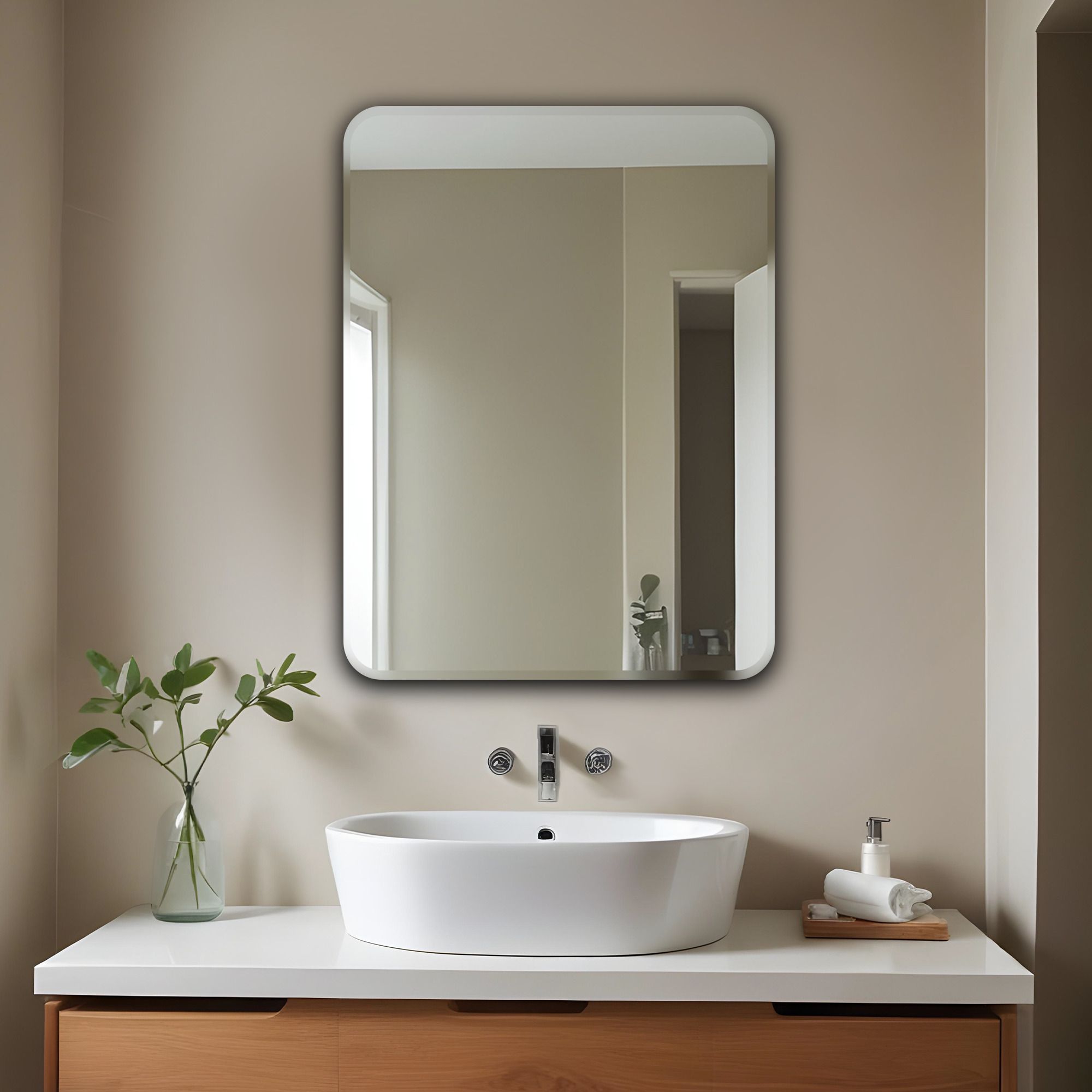 Curve Edge Rectangle Wall Mounted Frameless Mirror with Beveled Edges Bathroom Mirror-image-35