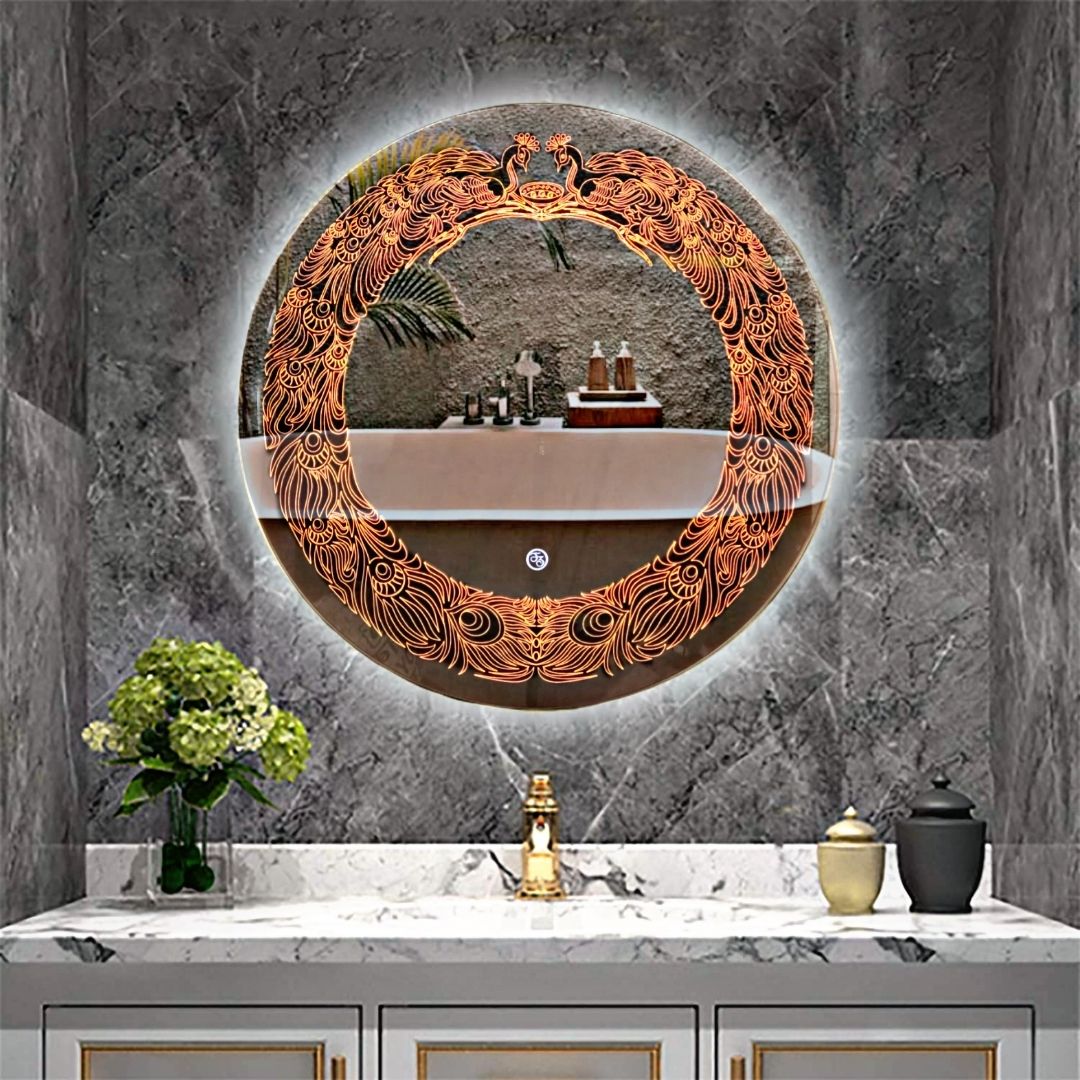 Round Frame Bathroom LED Mirror Size (24' X 24") (Peacock Design) 3 color Led Bathroom Mirror-image-13