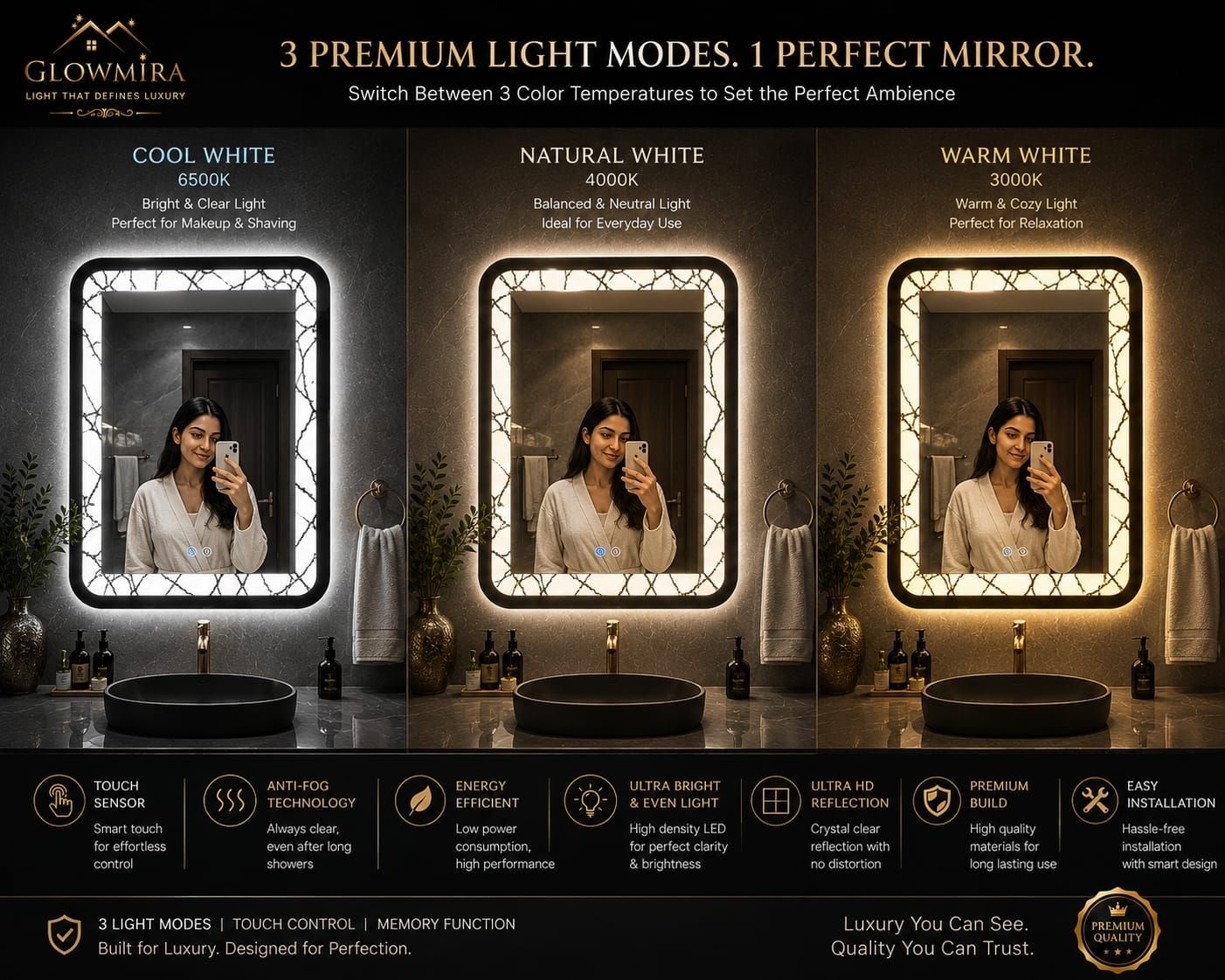 glowmira LED Mirror with 3 Color Lights (Warm,Natural,White) Touch Sensor Bathroom Mirror Bathroom Mirror-picture-42