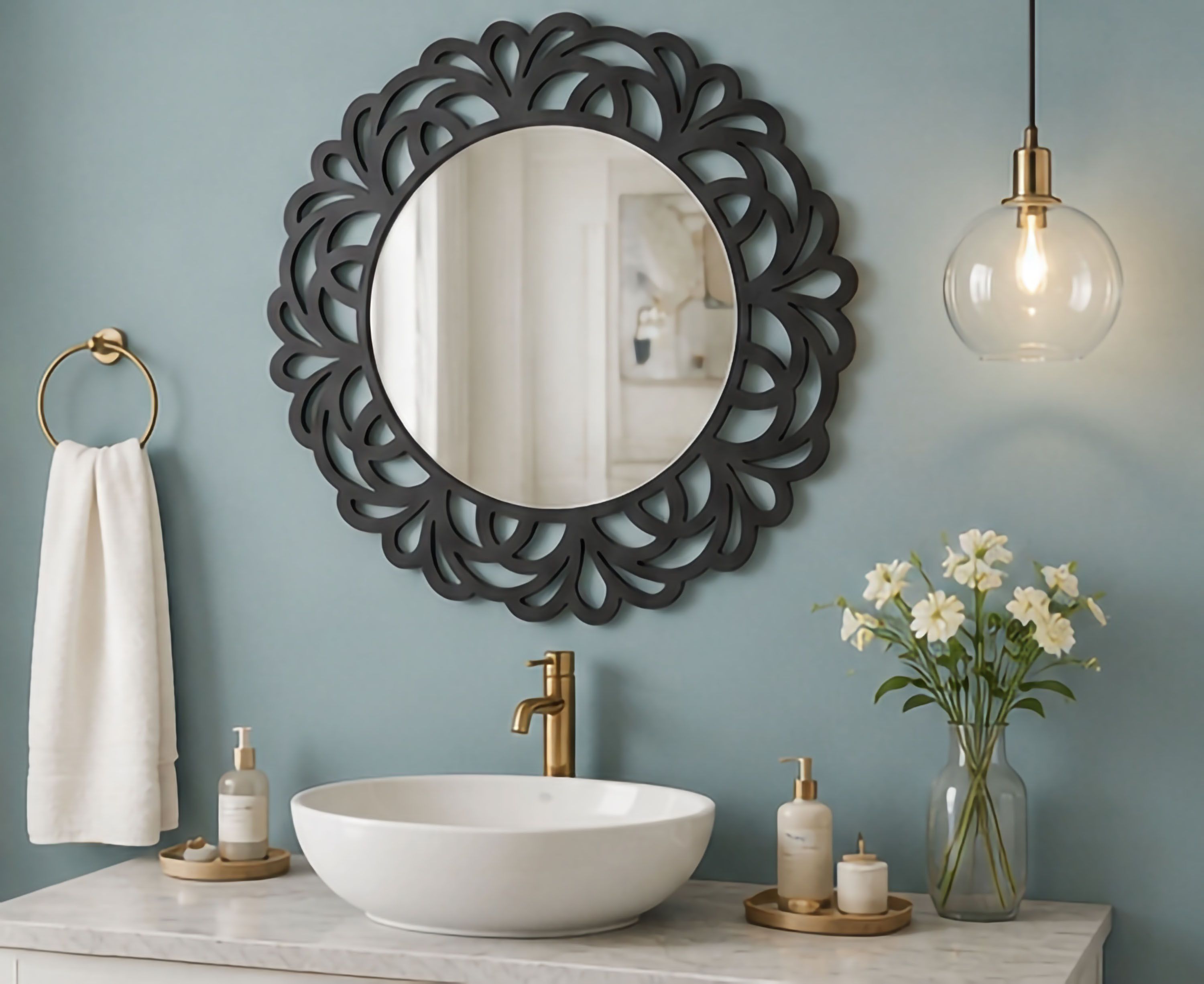 Decorative Floral Mirror Premium Wood Wall Mirror Elegant Home Decoration - 16In Bathroom Mirror-image-3