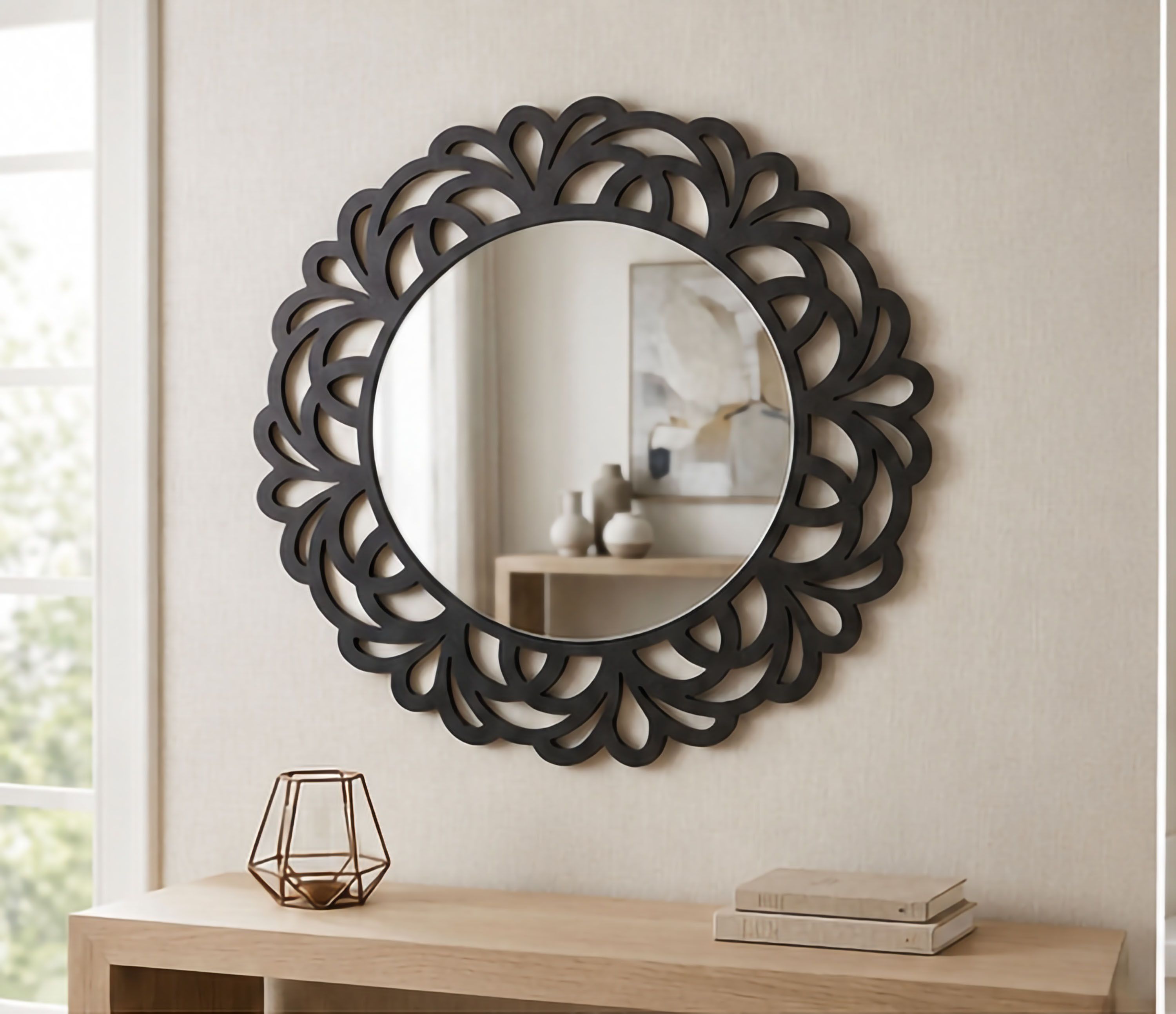 Designer Wall Mirror Round Decorative Mirror with Stylish Mirror Black -16 inch Bathroom Mirror-image-0