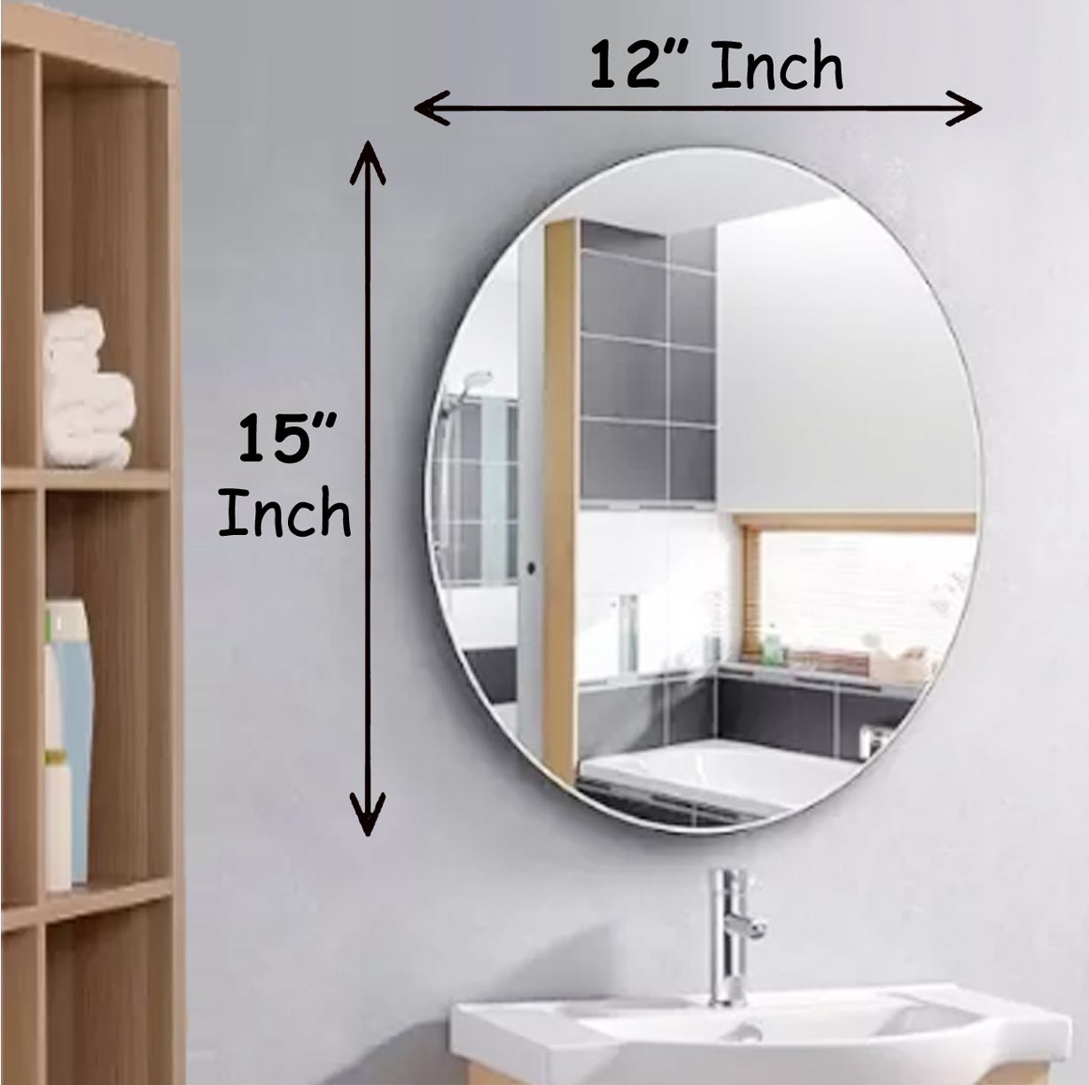 12"× 15"Inch Oval Mirror, 3.5mm thick / No Drill Required / Easy Stick Bathroom Mirror