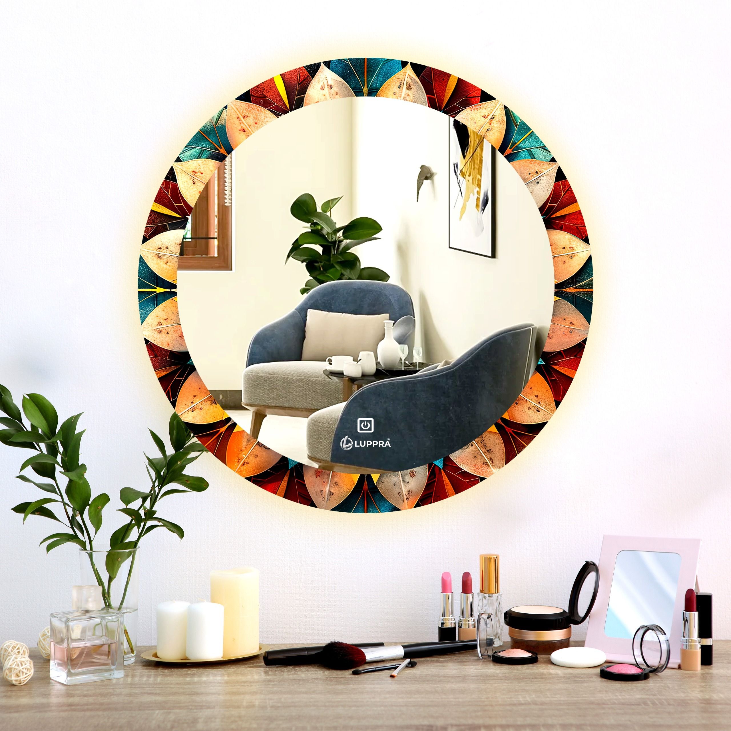 Round 24x24 Inch Wall-Mounted UV Printed LED Mirror Bathroom Mirror-image-42