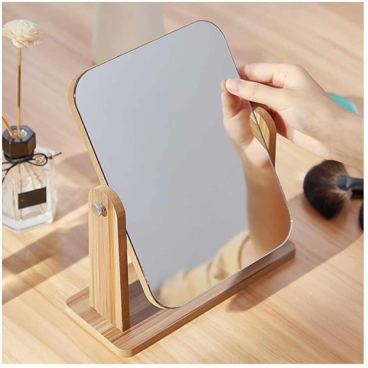 360° Rotating Square Mirror with Wooden Stand for Vanity & Makeup - 12x12 Bathroom Mirror-image-15
