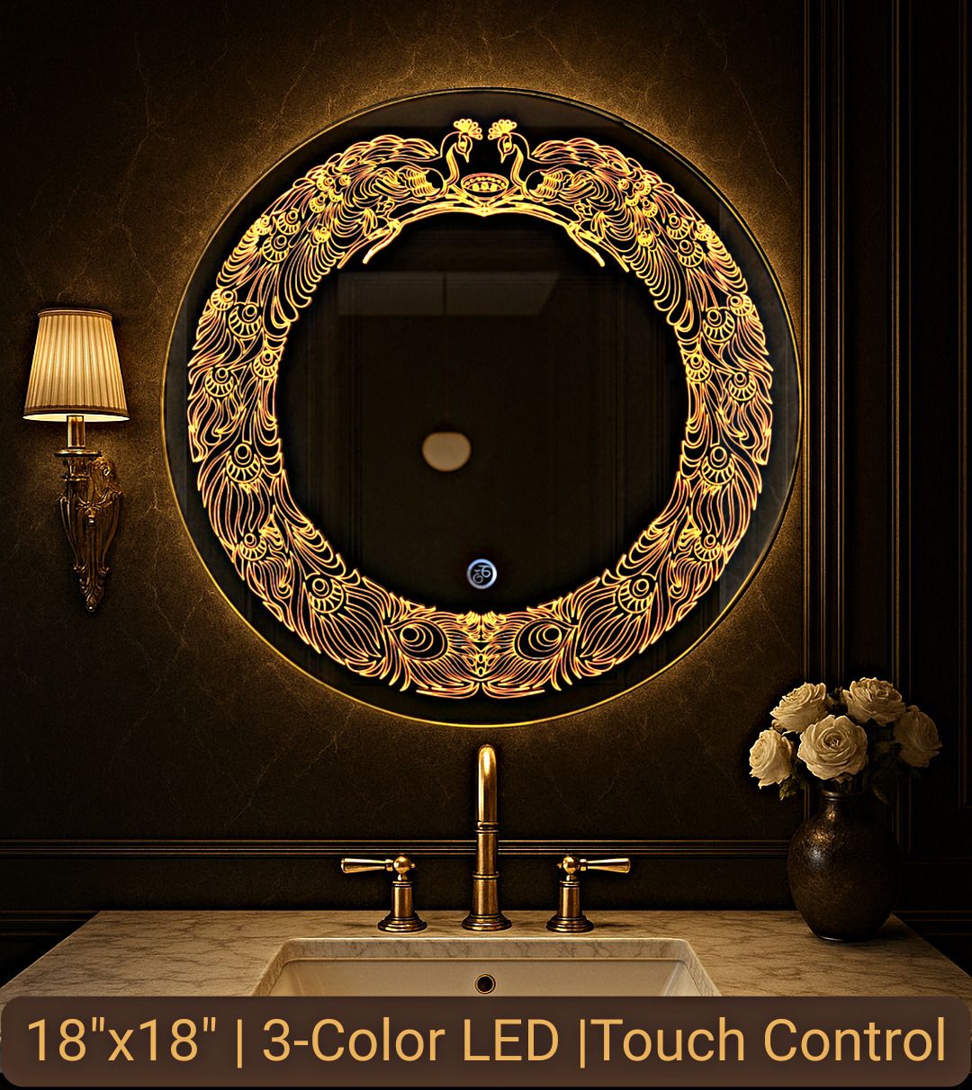 Round Bathroom LED Mirror Size 18"X18" inch with 3 color LED and Touch sensor Decorative Mirror-image-48