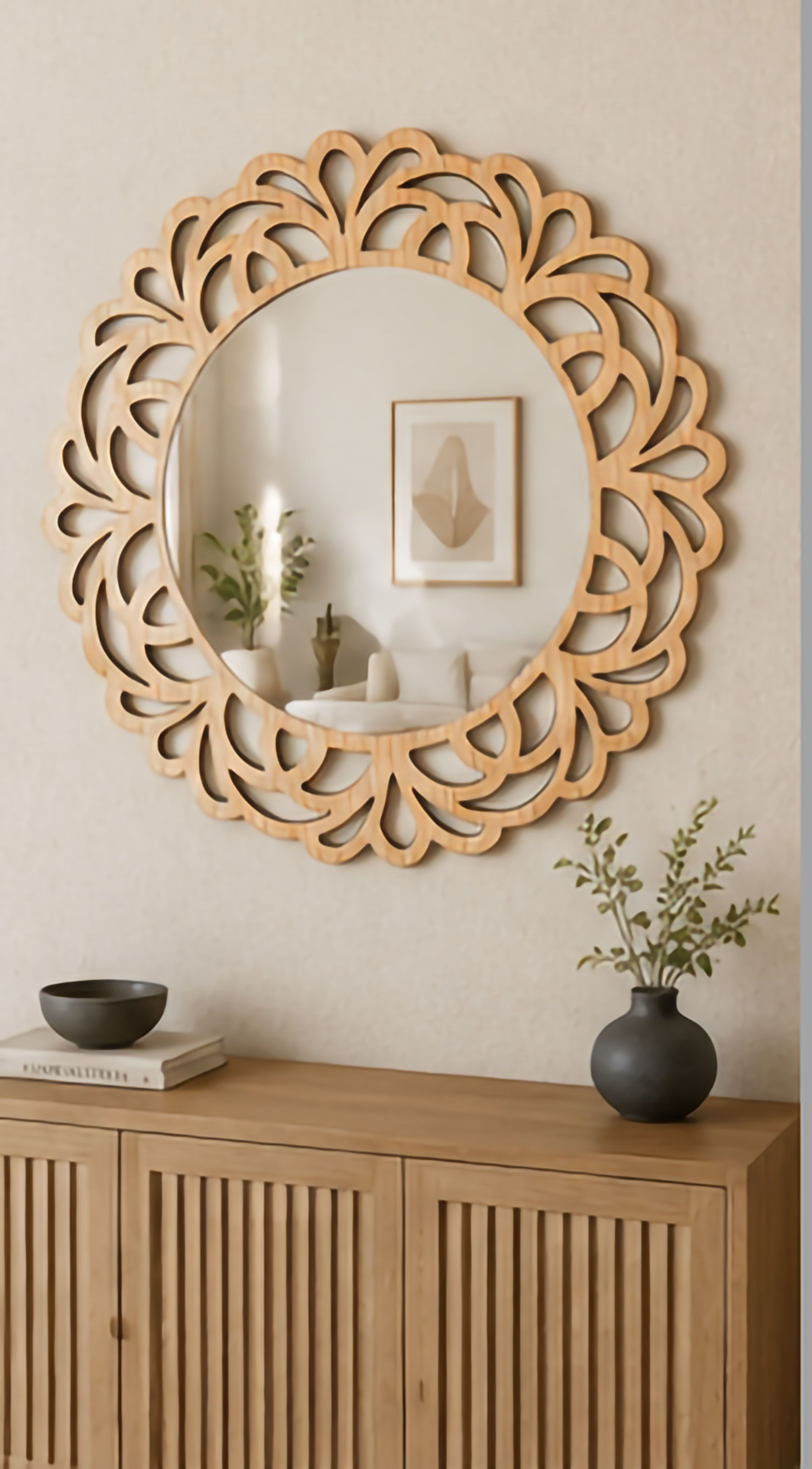 Wooden Wall Mirror Decorative Floral Frame Vanity Living Room Mirror - 16In Bathroom Mirror-image-1