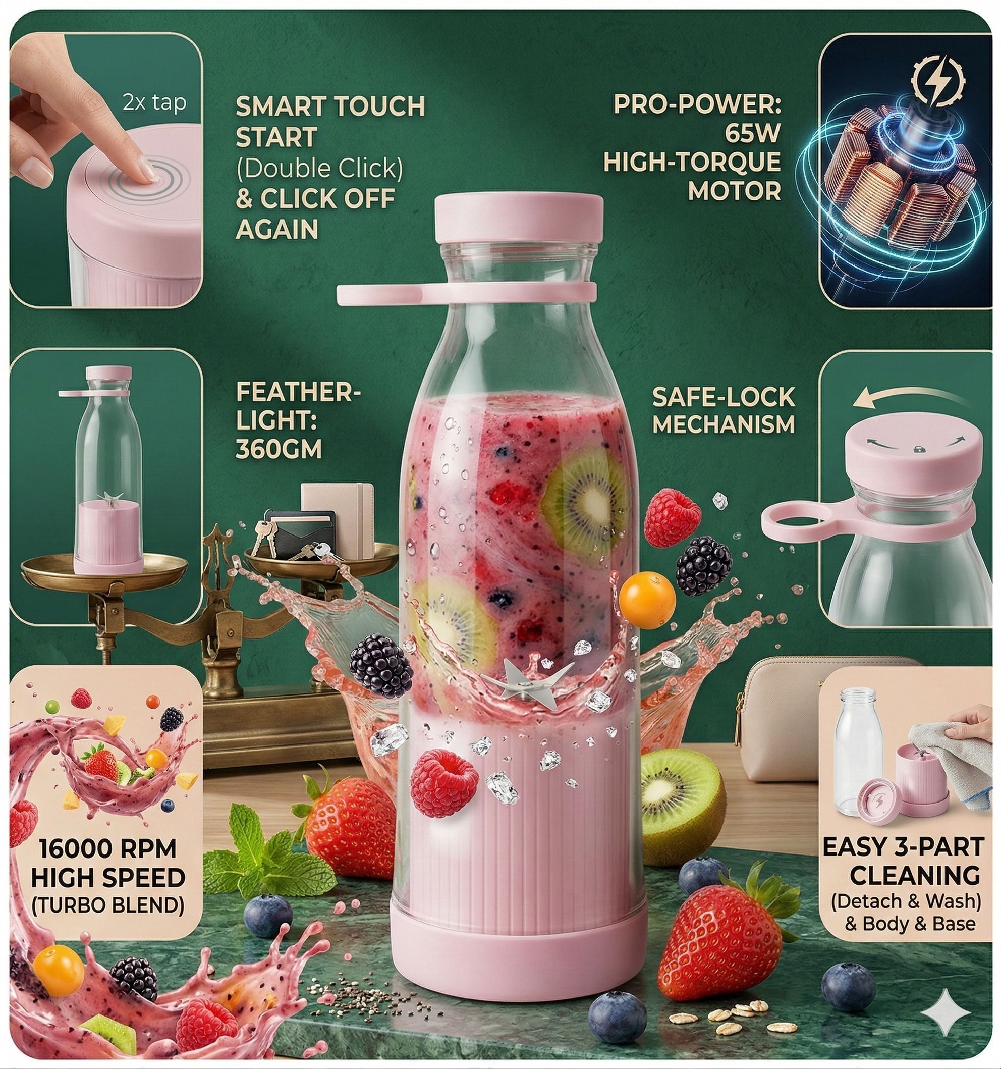 Portable USB Blender 6-Blade Juicer Mixer | Banana Shake & Cold Coffee Maker 02 40 W Juicer Mixer Grinder-image-31