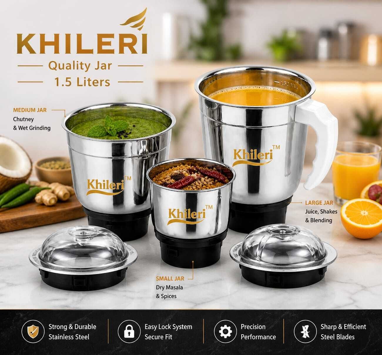 Liquid and dry chutney masala jar three pieces set quality grinding Mixer Juicer Jar-image-25