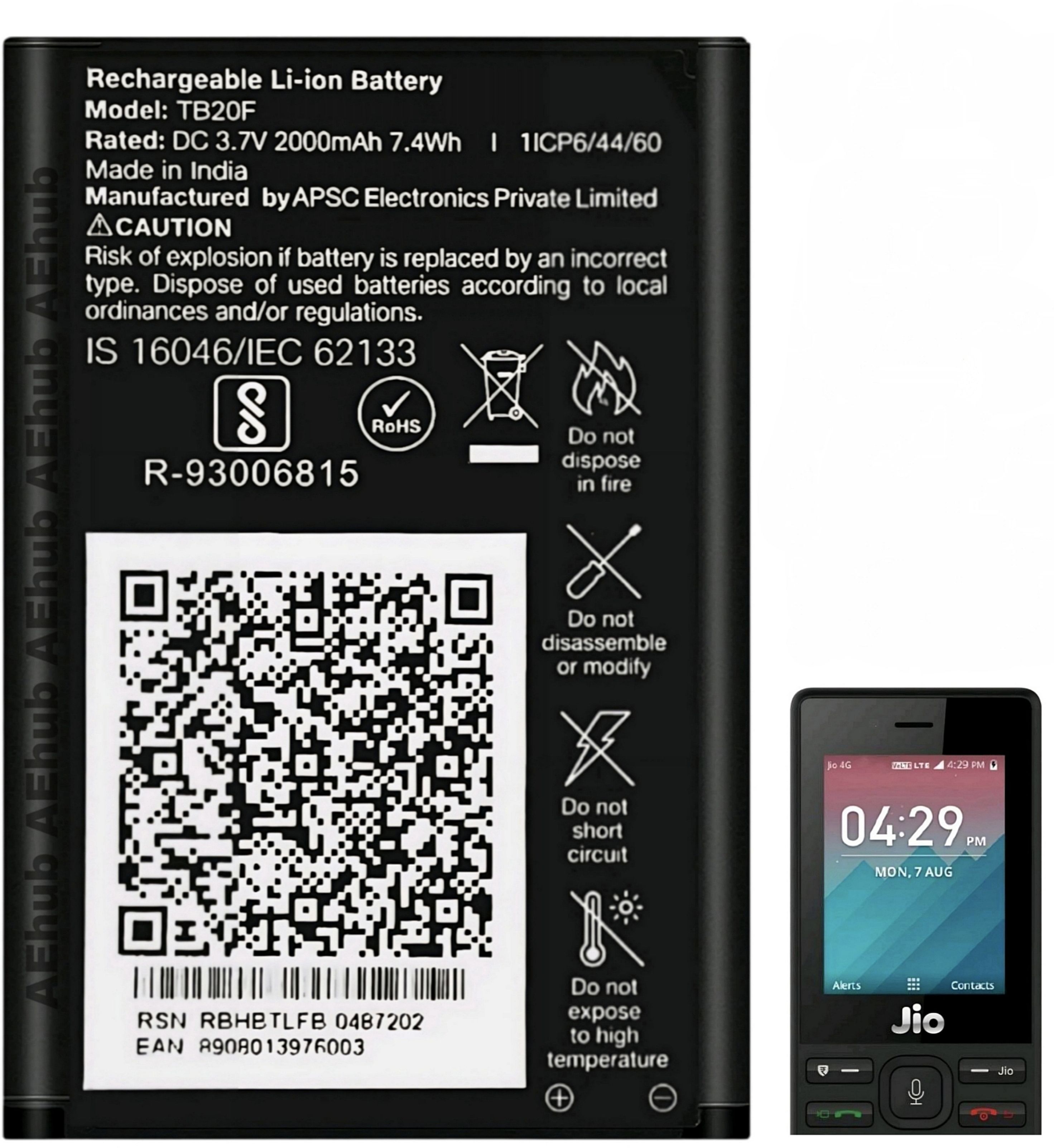 AEHUB Mobile Battery ForJio LYF Keypad Phone F320B/F220B/F90M/LF2403N/F120B/F61F/F81E/2000mAh