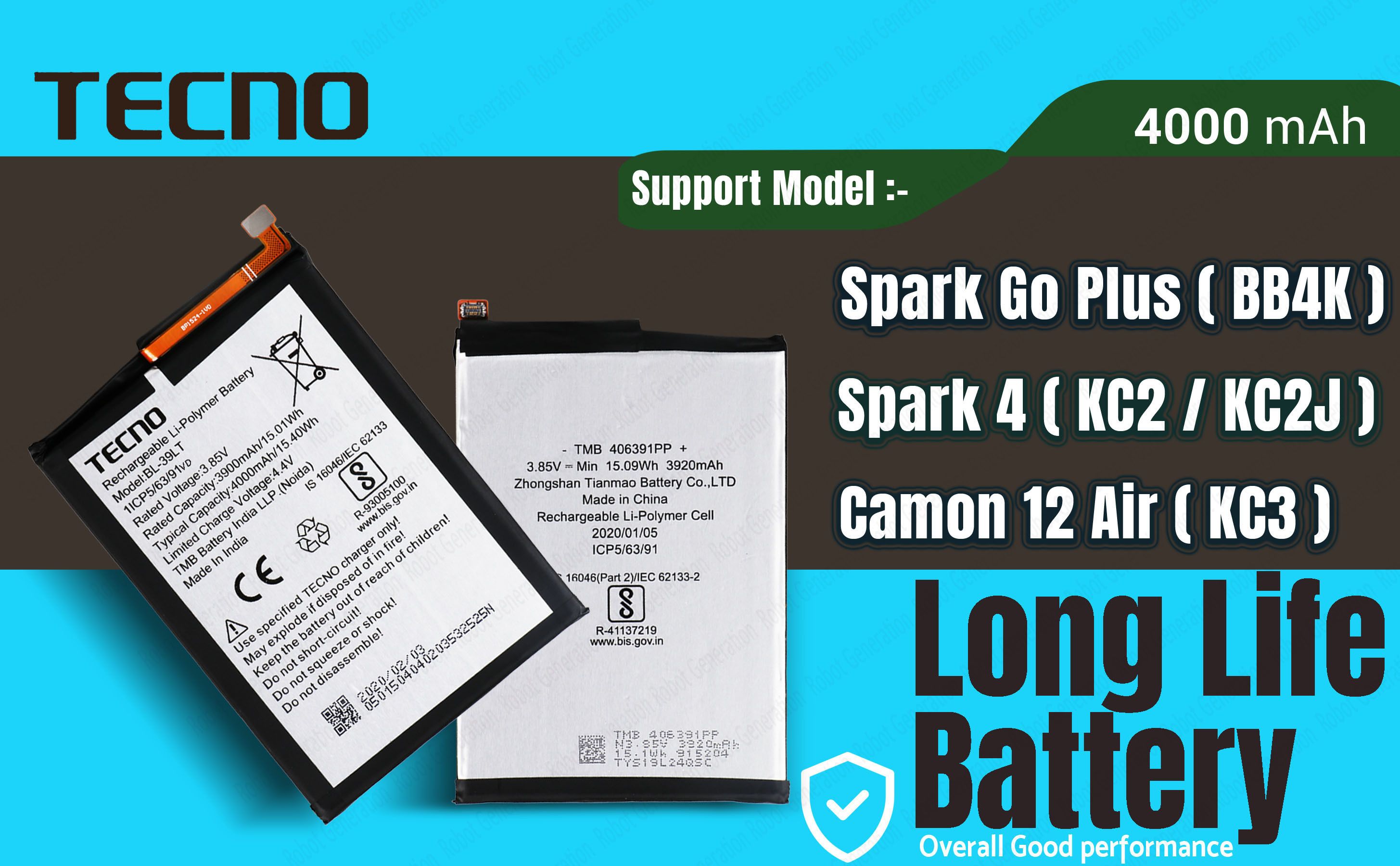 Tecno Mobile Battery ForBL 39LT Tecno Spark Go Plus / Spark 4 / Camon 12 Air/ Vison 2 & Vision 1 Pro - 4000 mAh-image-12