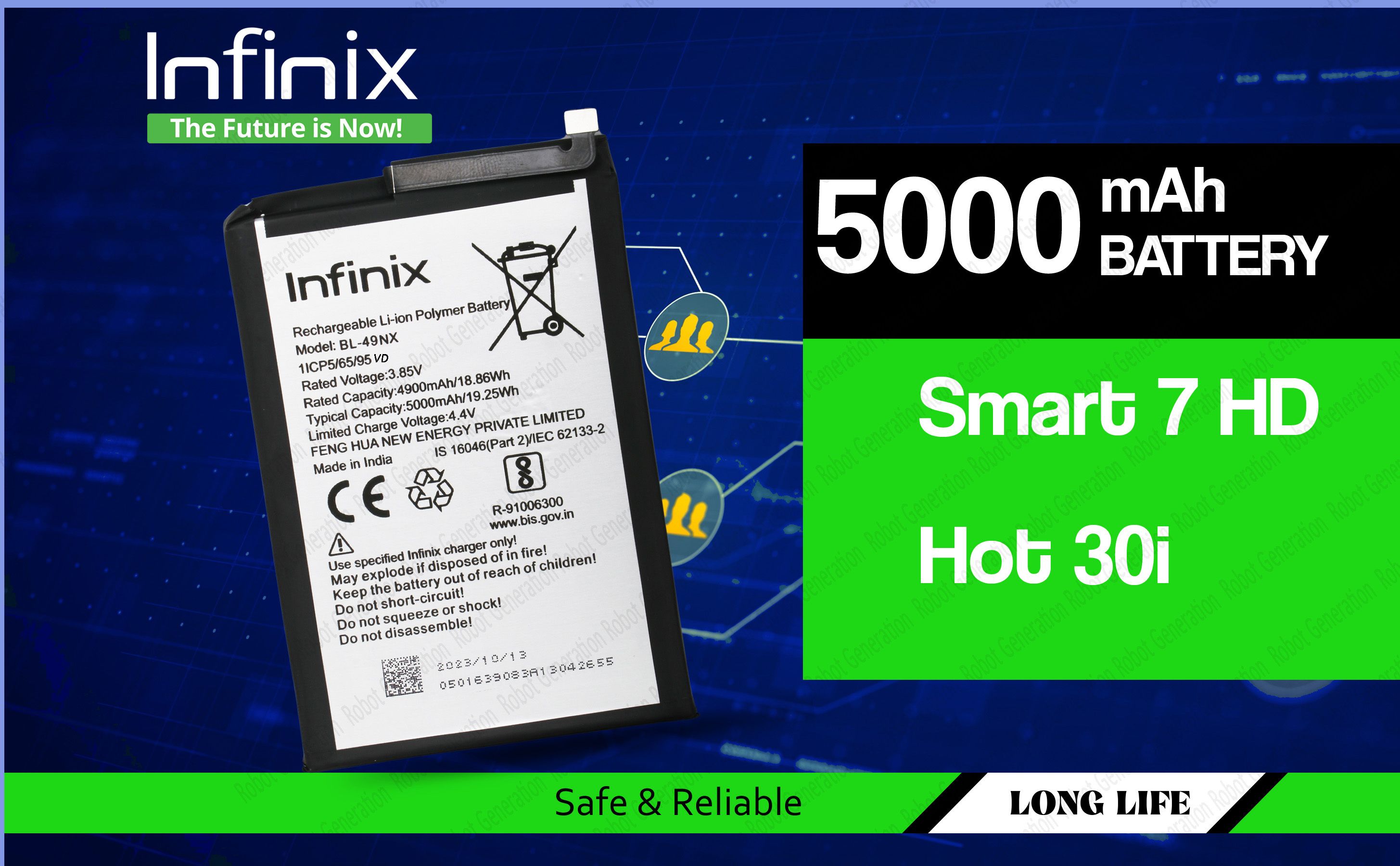 Infinix Mobile Battery For BL 49NX Infinix Hot 30i ( X669C ) / Smart 7 HD( X6516 ) - 5000 mAh-image-49
