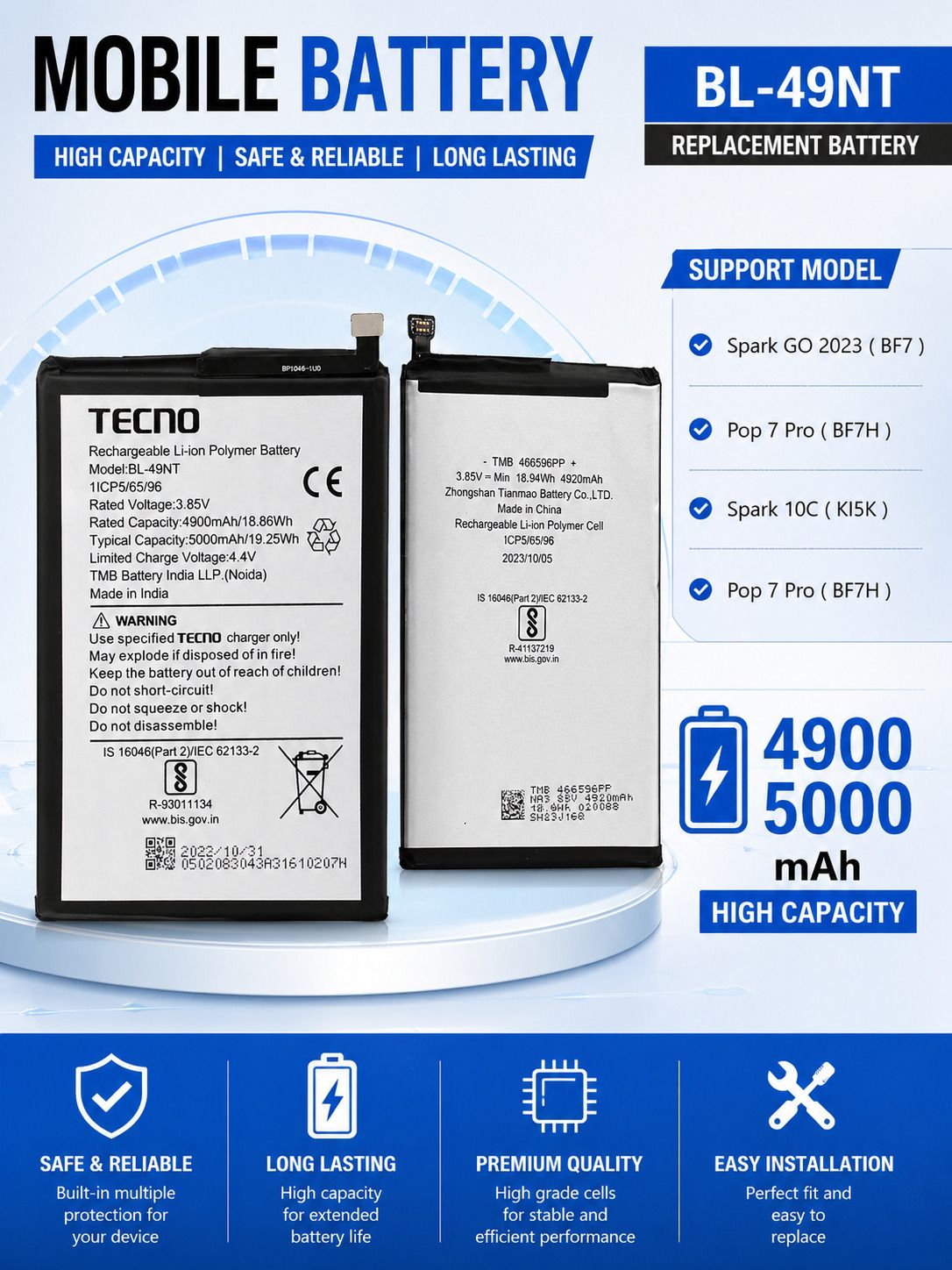 Tecno Mobile Battery For BL 49NT ( New Connector ) Tecno Spark GO 2023 / Pop 7 Pro/ Spark 10C-image-0