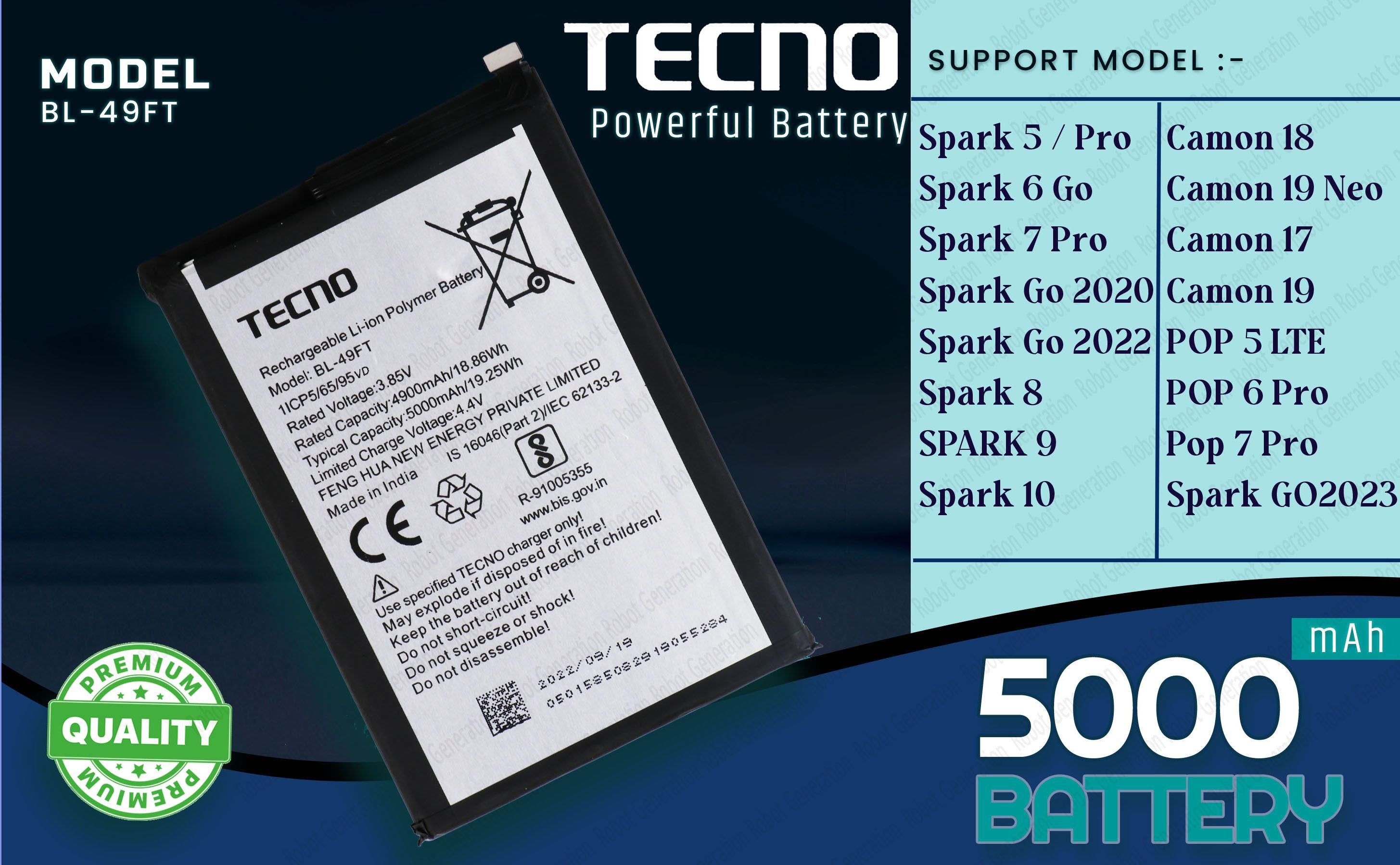 Tecno Mobile Battery ForBL 49FT Tecno Spark Go 2020 / Spark 6 Go / Camon 18 - 5000mAh-image-27