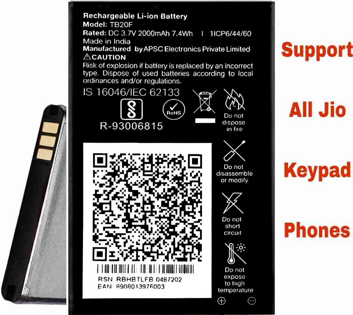 TokTon Mobile Battery For LYF JIO Keypad Phone F320B/F220B/F90M/LF2403N/F120B/F61F/F81E/2000mA-image-49