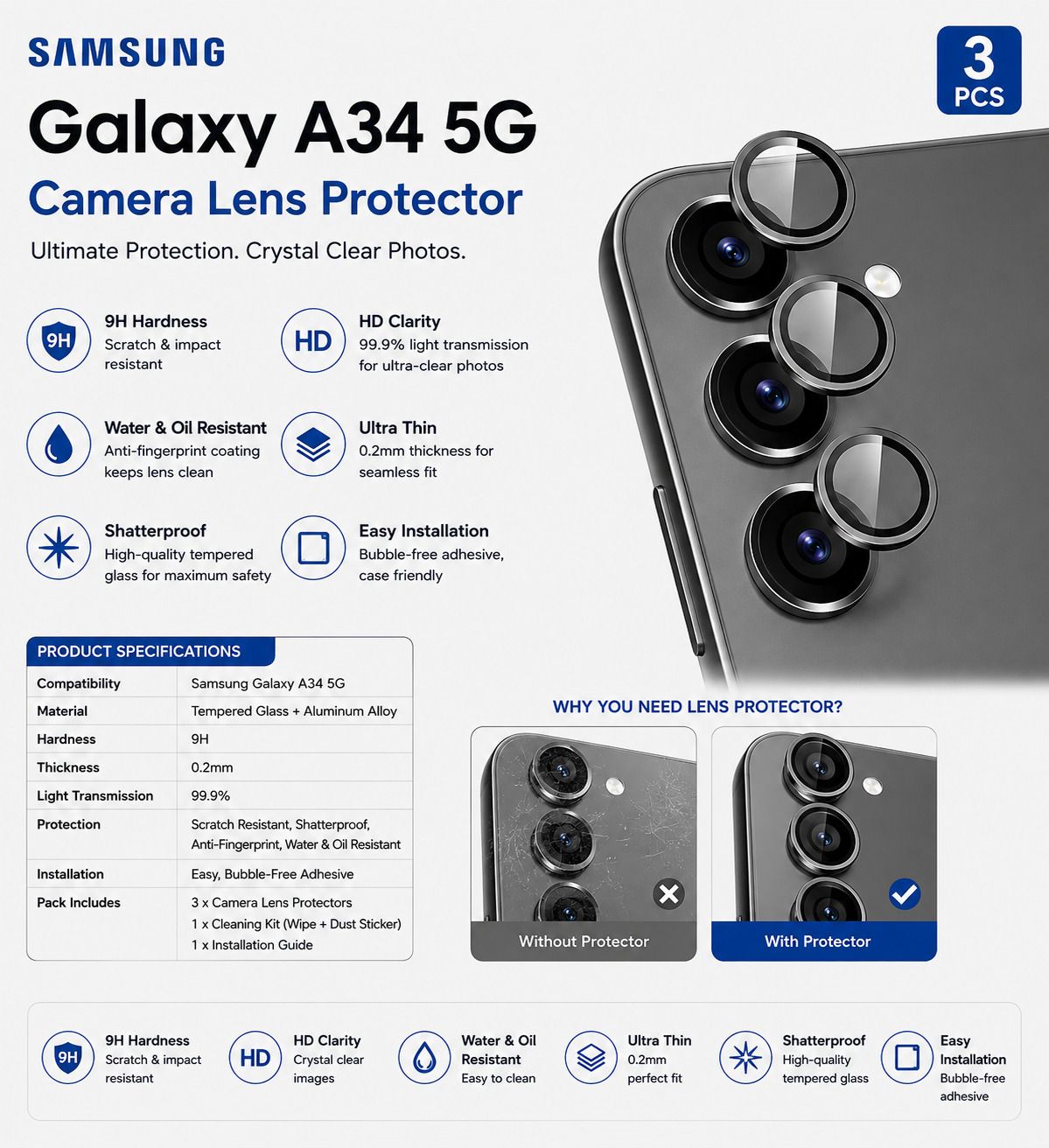 Proteczo Back Camera Lens Glass Protector for Samsung Galaxy A34 5G, Samsung Galaxy A34, Full Camera Coverage-image-0