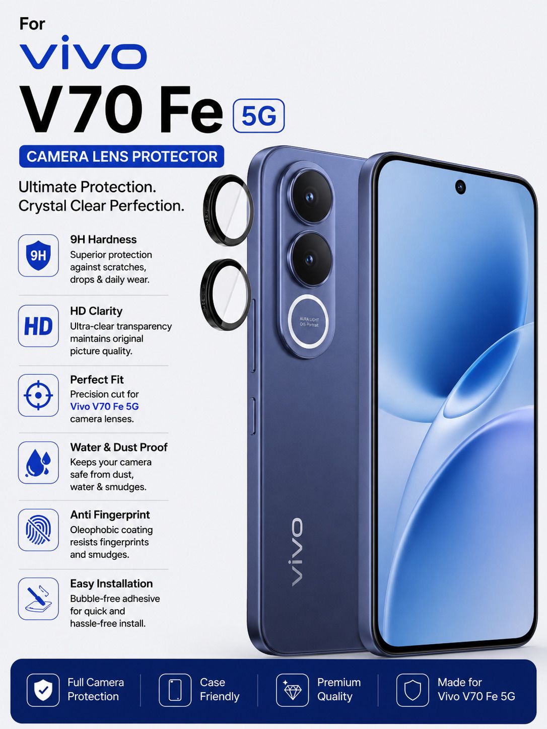 Proteczo Back Camera Lens Glass Protector for Vivo V70 Fe 5G, Vivo V70 Fe, Full Camera Coverage-image-43