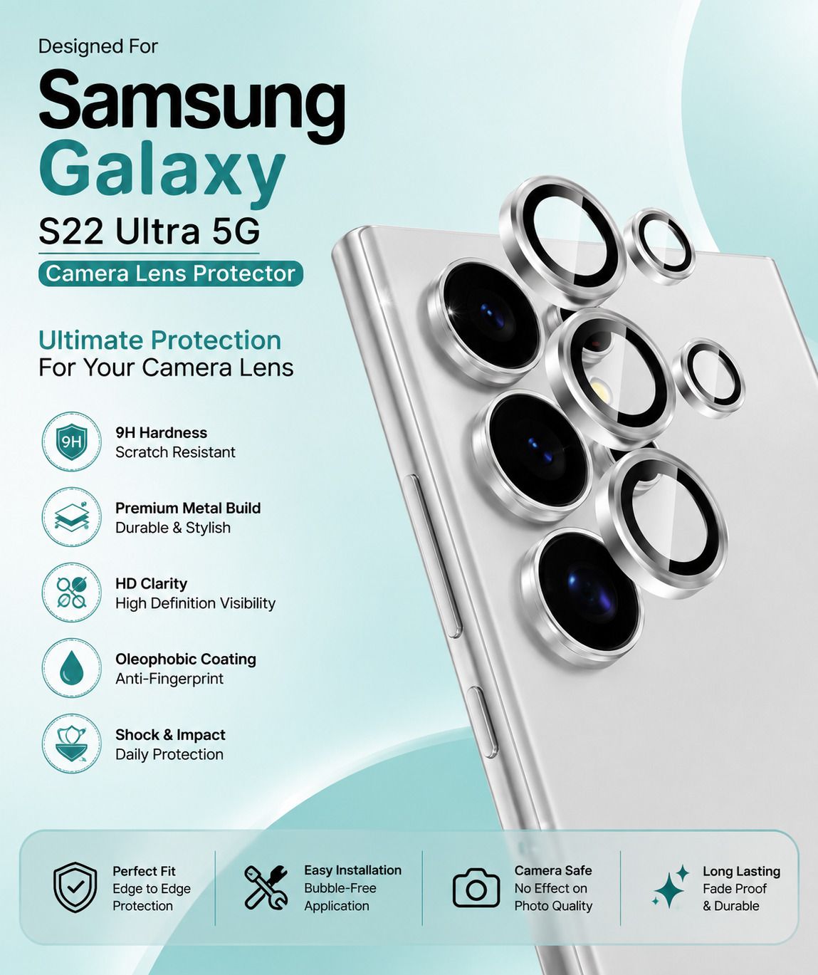 Sole Theory Back Camera Lens Glass Protector for Samsung Galaxy S22 Ultra 5G, Samsung Galaxy S22 Ultra, Full Coverage Titanium Alloy-picture-15
