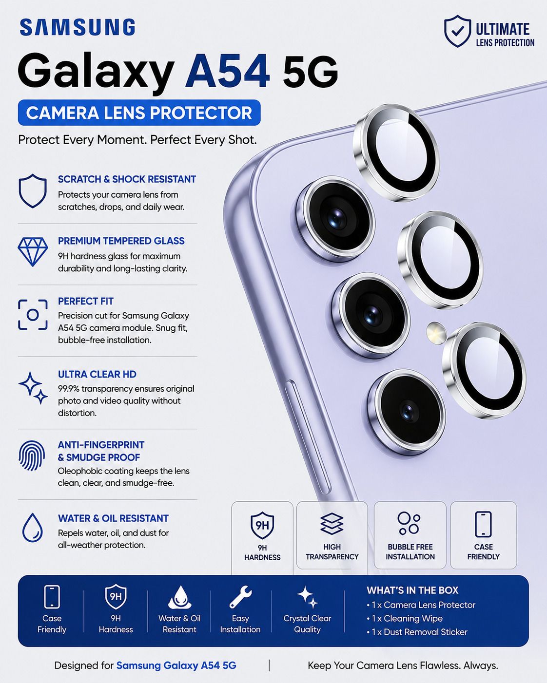 Sole Theory Back Camera Lens Glass Protector for Samsung Galaxy A54 5G, Samsung Galaxy A54, Full Camera Coverage-image-17