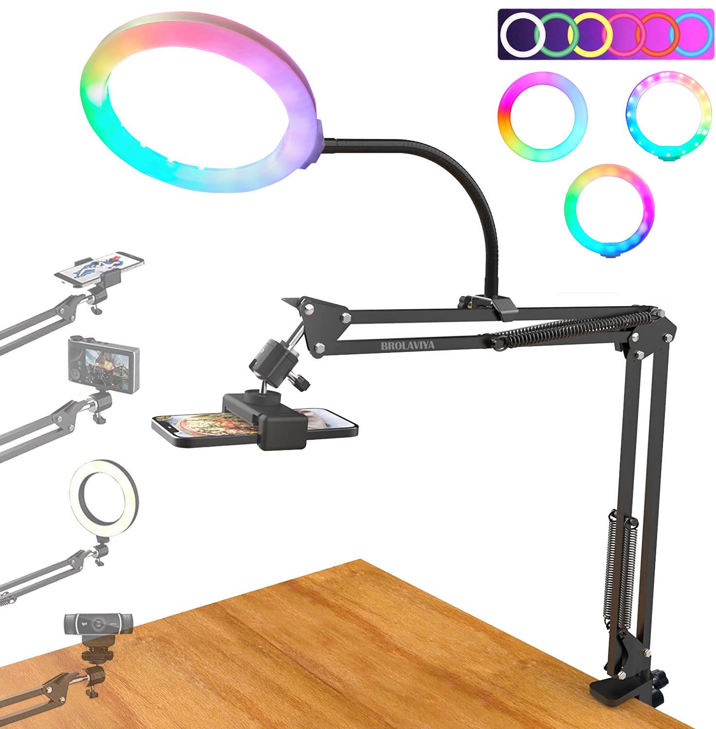 BROLAVIYA Overhead Clip Mobile Stand 3D LED 10 Inch Light, 2 Way Base Clamp, 1/4 Ball Head Mobile Holder-image-7